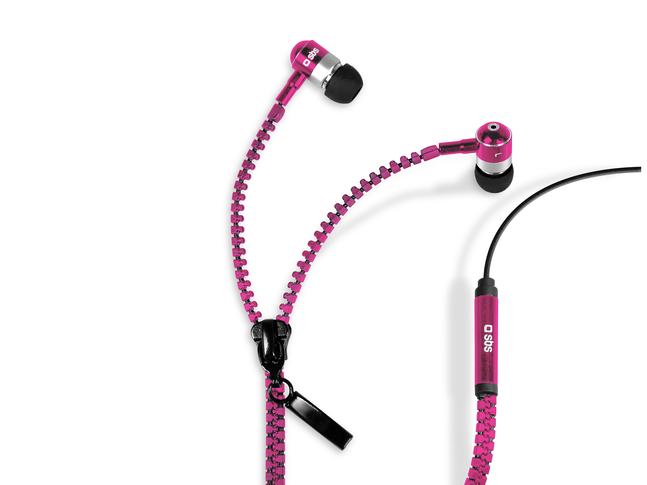Auriculares rosas con cable de cremallera sobre fondo blanco.