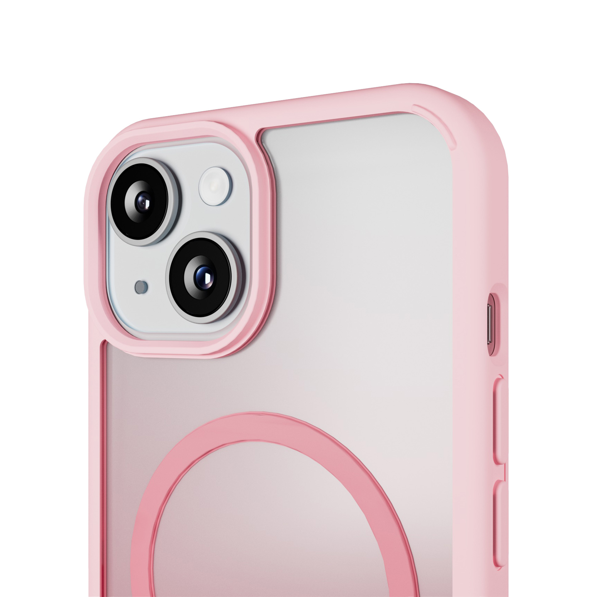 Primo piano di una custodia rosa per telefono con retro trasparente e lenti della fotocamera.