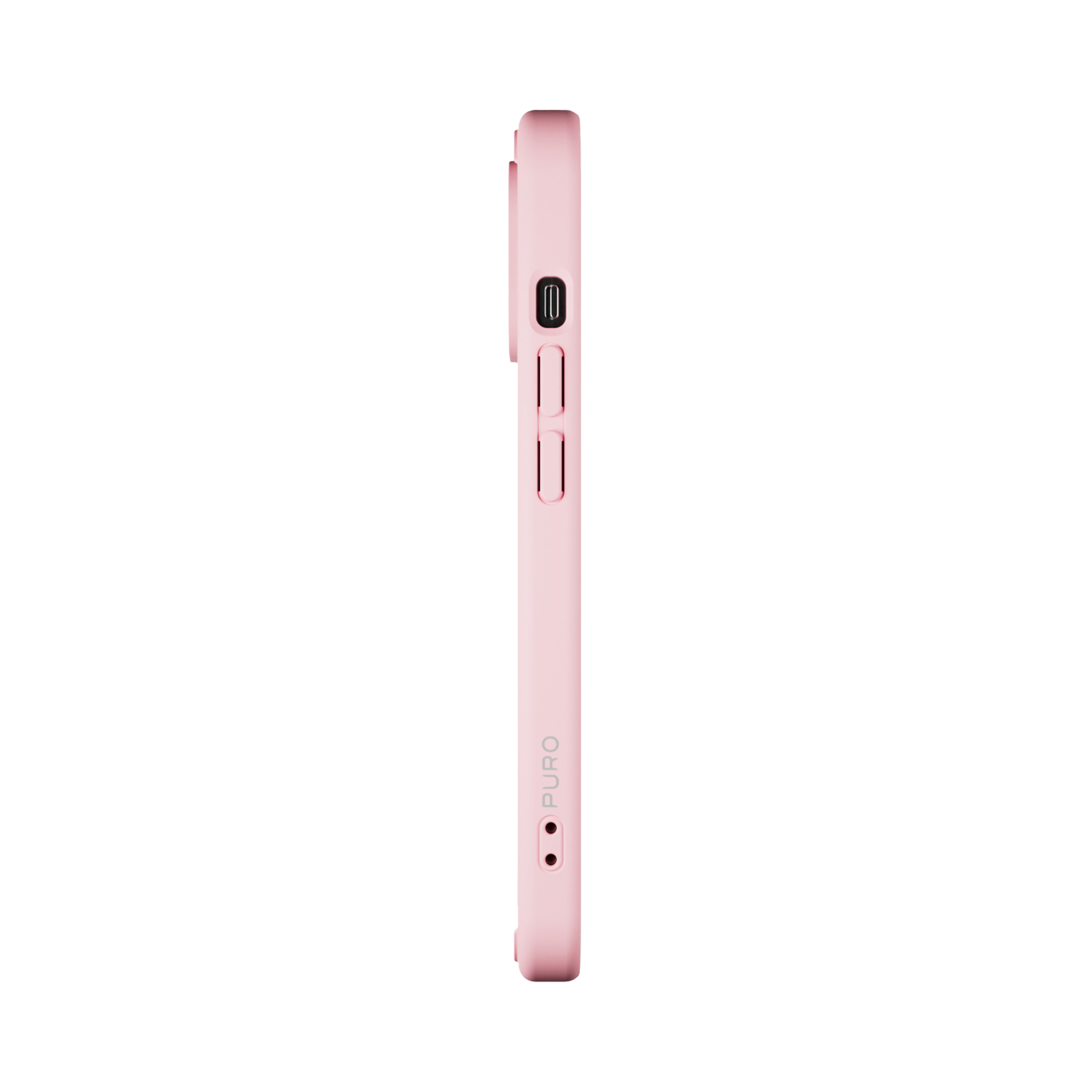 Una custodia per telefono rosa con logo "PURO", vista laterale.
