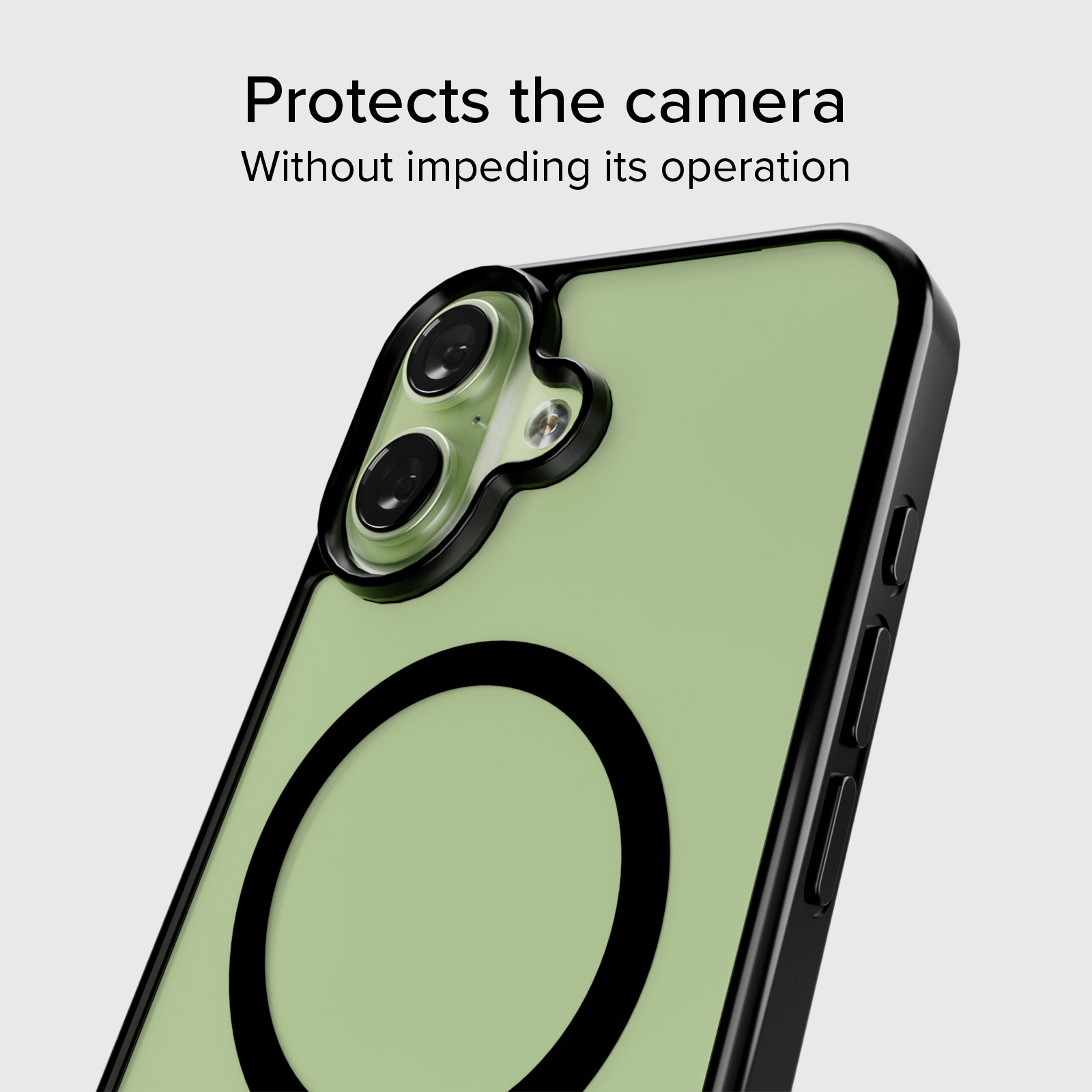 Zielone etui na telefon z czarną ramką i wycięciem na aparat. Widoczny pierścień magnetyczny.