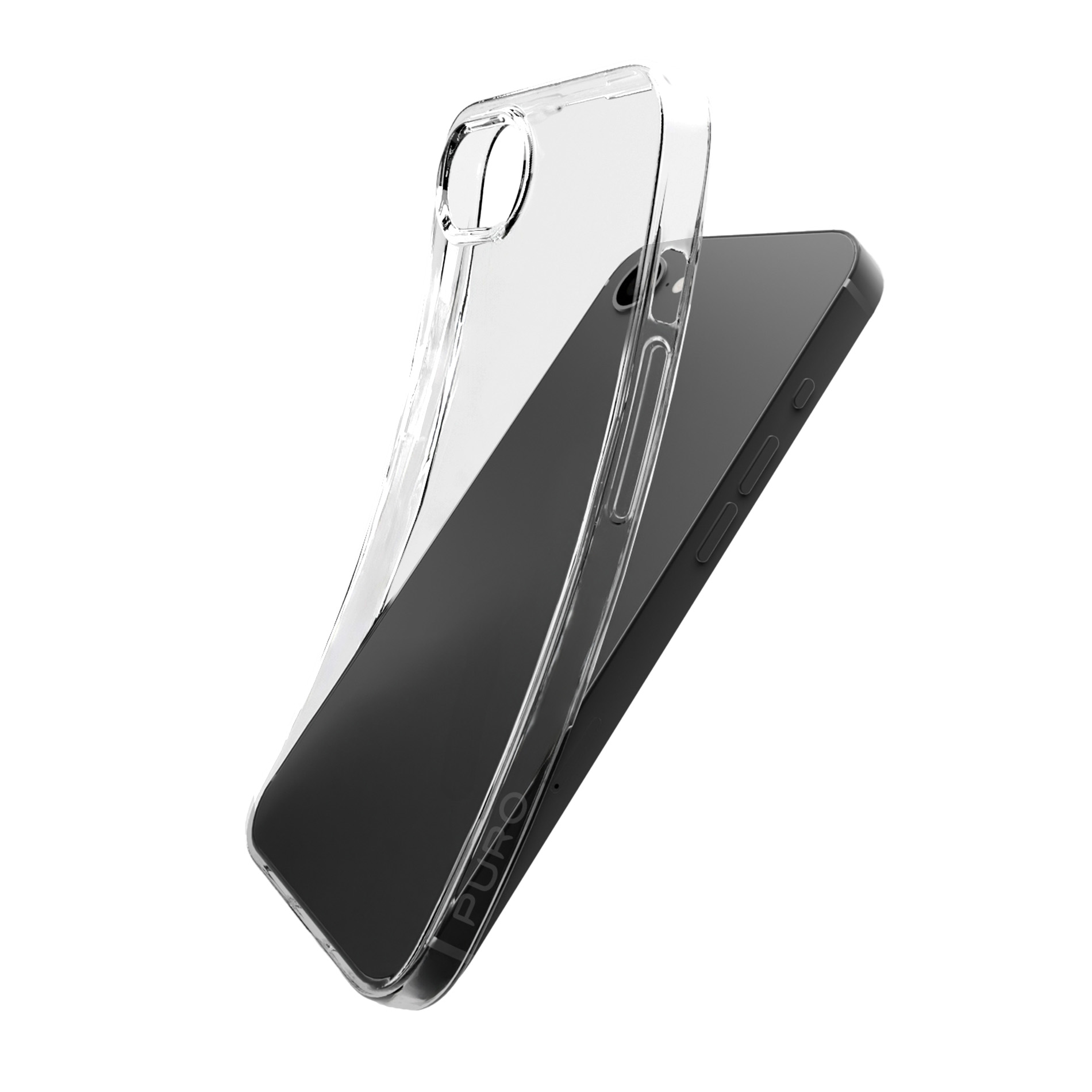 Transparente Handyhülle über einem schwarzen Smartphone, weiße Hintergrund.