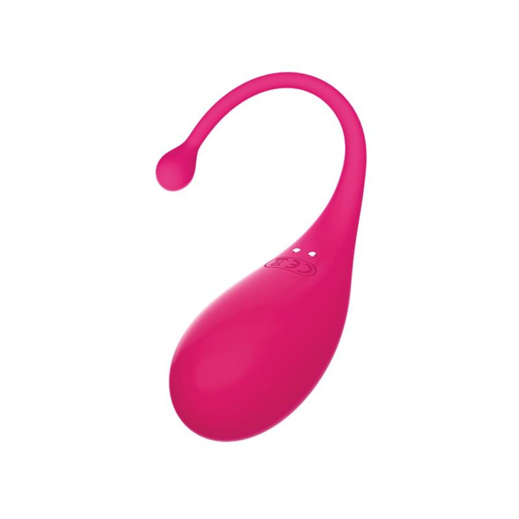 Ein leuchtend pinker Vibrator mit einem gebogenen Schwanz auf weißem Hintergrund.