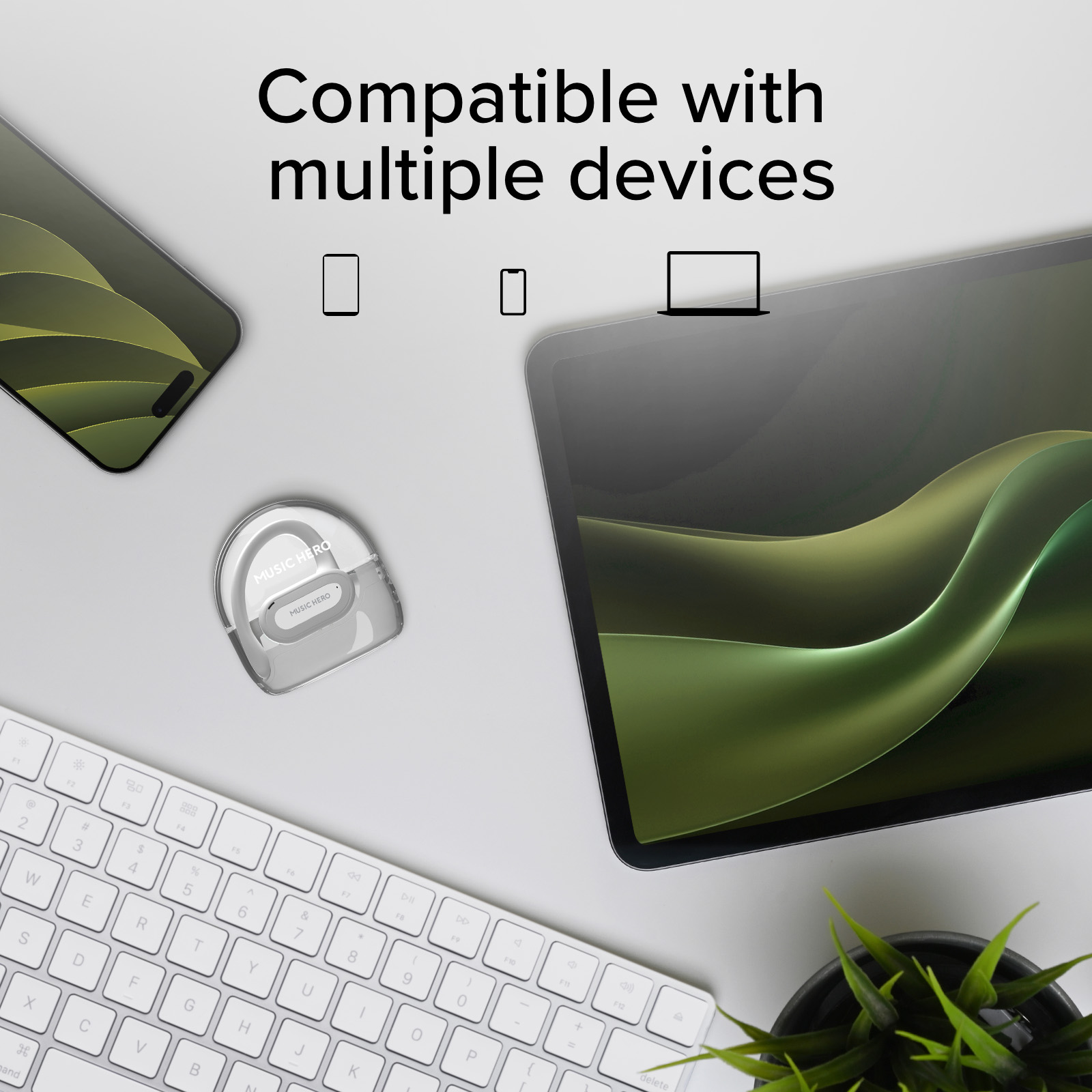 Teclado blanco, teléfono, tableta y audífonos en estuche. Texto: Compatible con múltiples dispositivos.