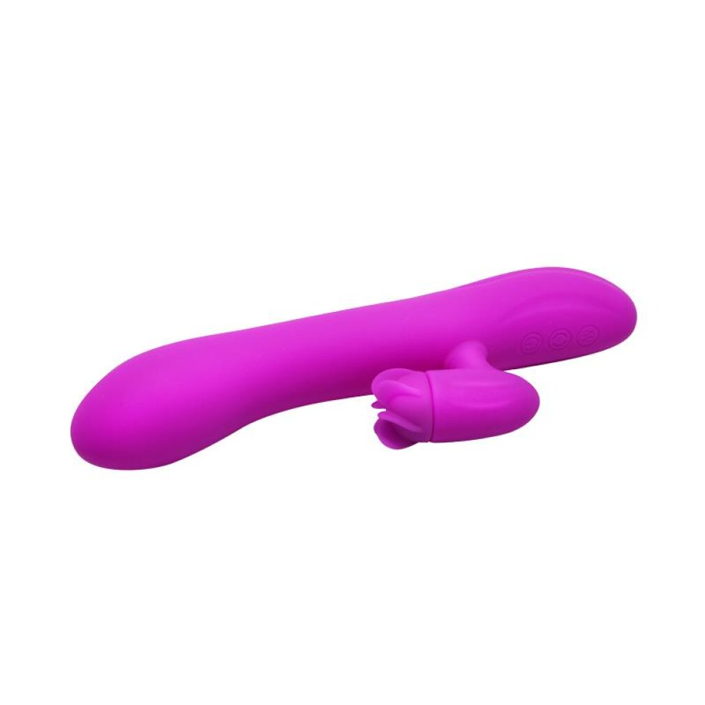 Ein violetter Vibrator mit einem Rosenblütenaufsatz und drei Knöpfen.