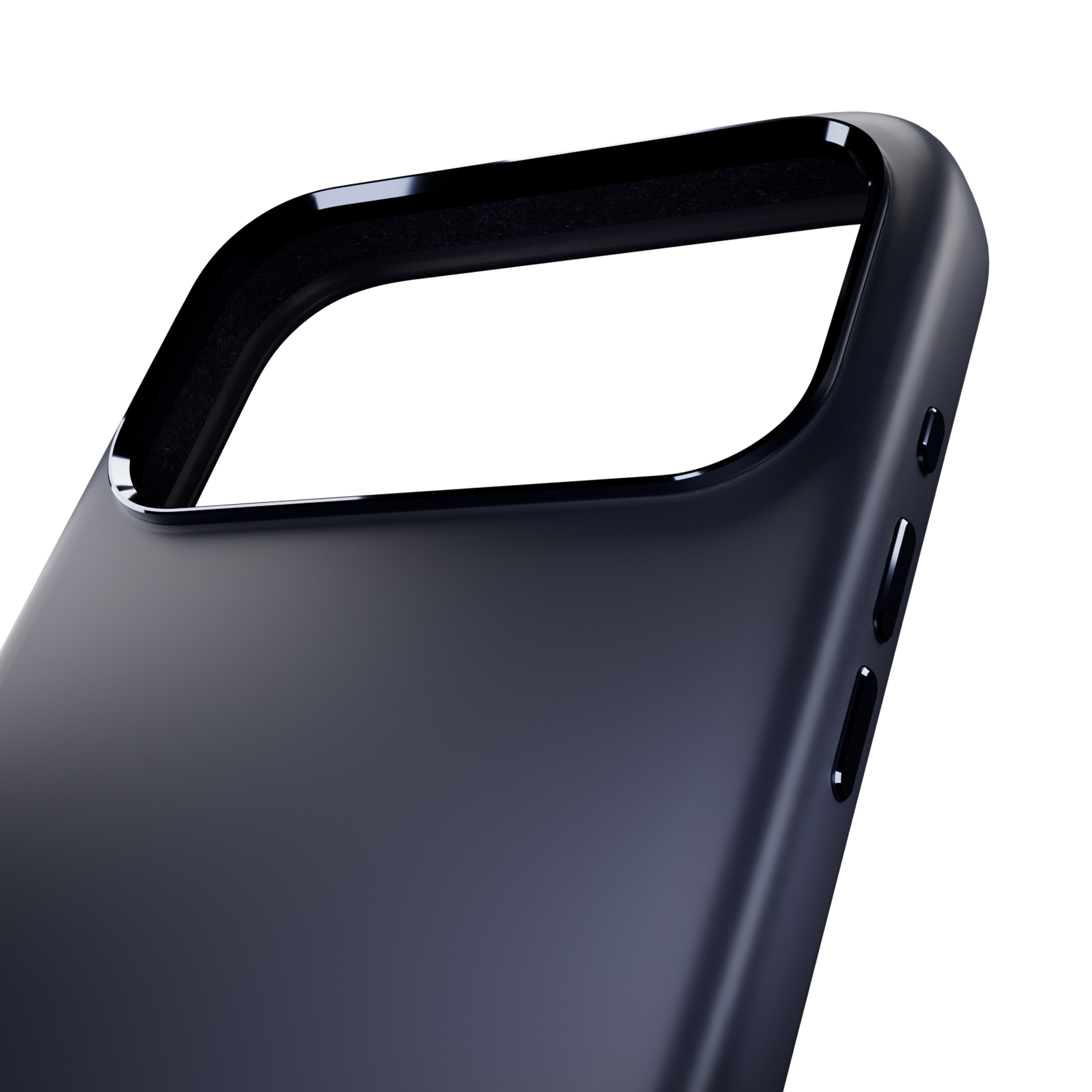 Custodia per telefono grigio scuro con ritagli per fotocamere e pulsanti.