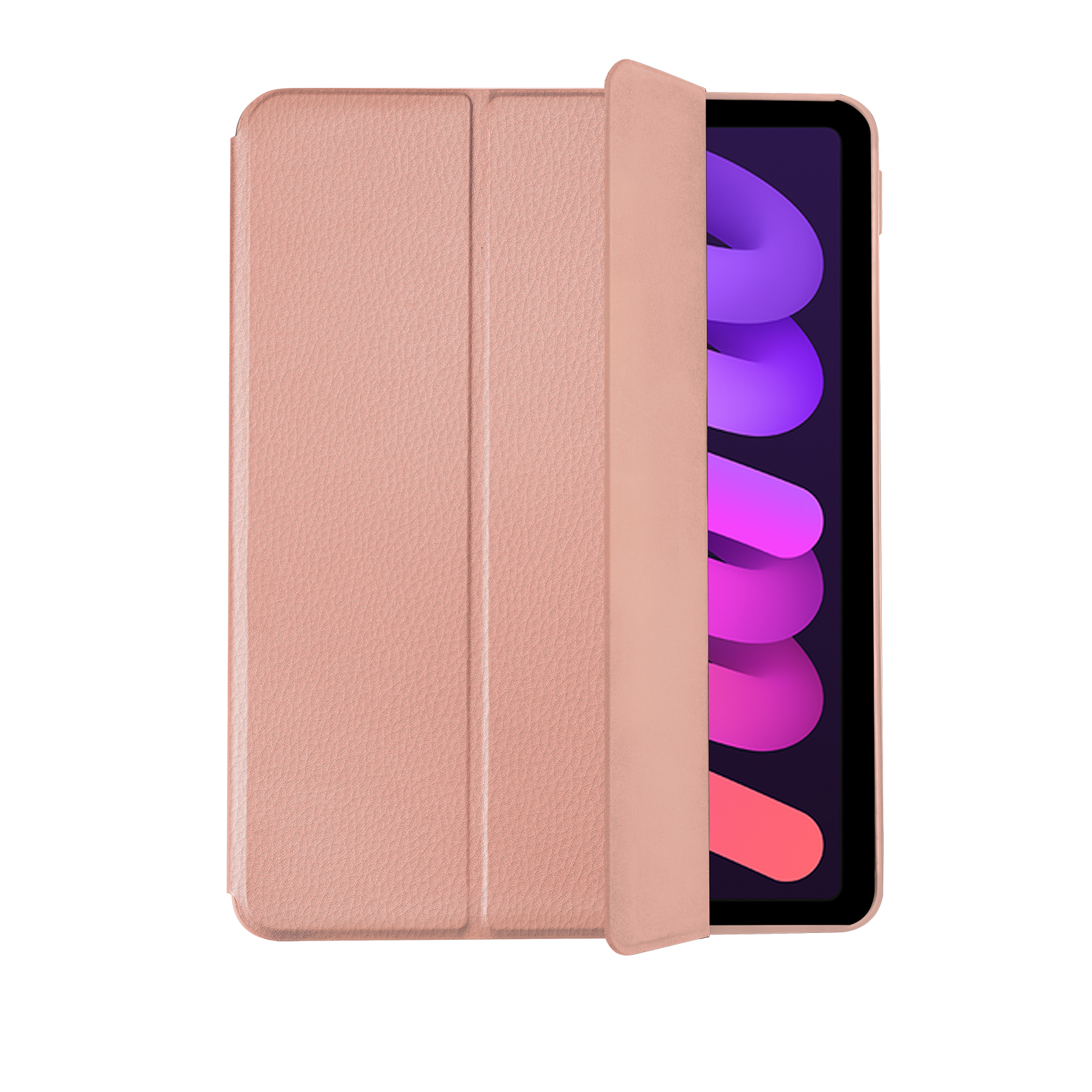 Ein rosafarbener Tablet-Ständer mit einem aufgeschlagenen Teil, der ein Tablet mit lila und pinker Grafik zeigt.