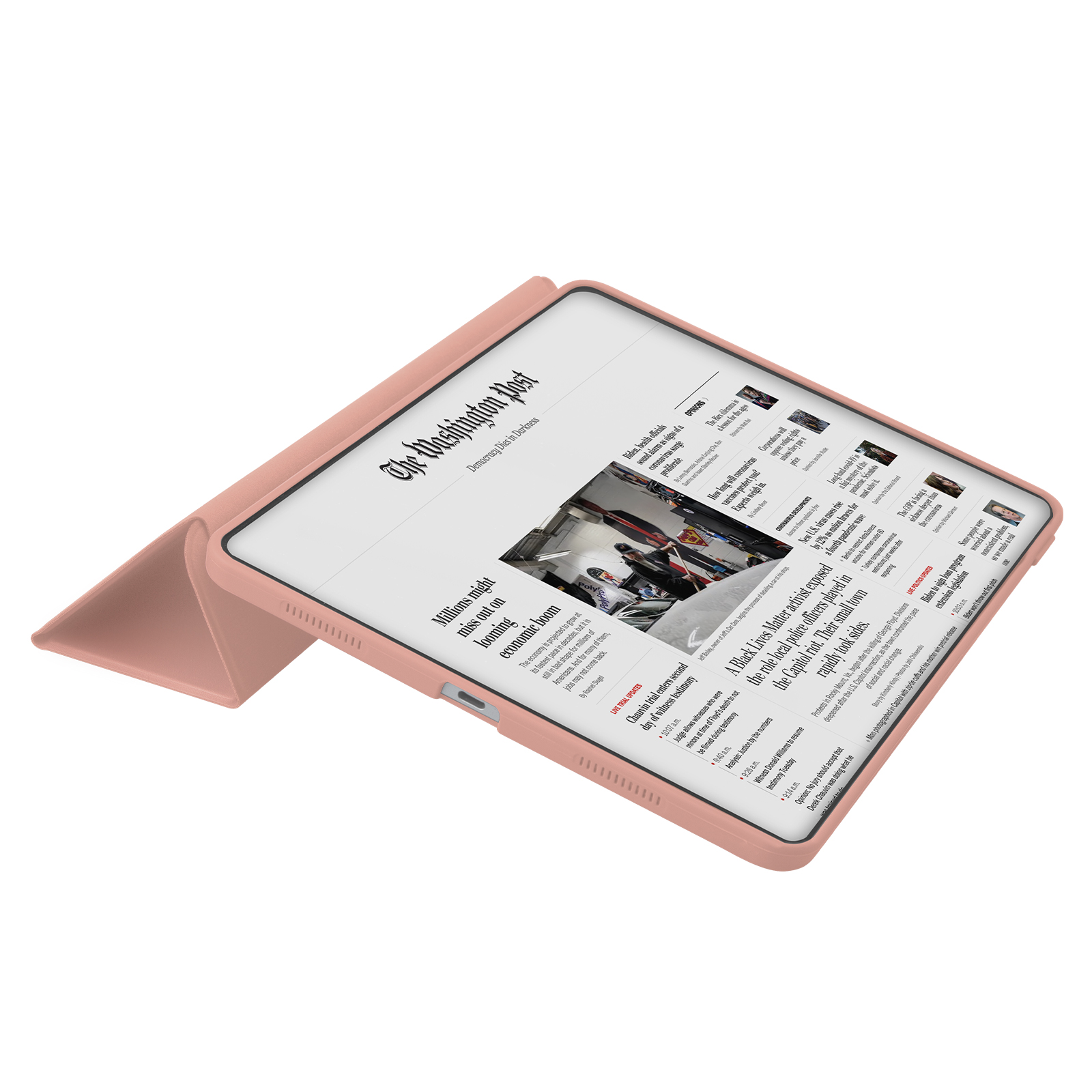 Ein Tablet mit rosa Hülle, das die Washington Post anzeigt. Nahaufnahme.