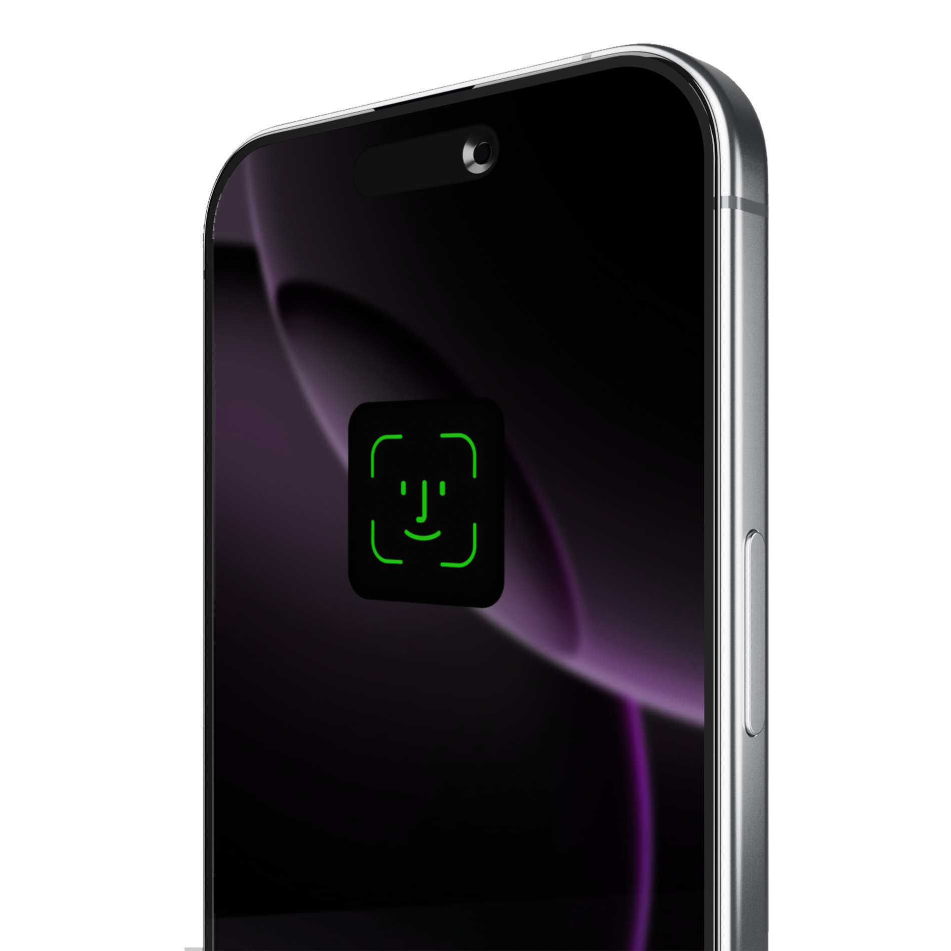 Uno smartphone con un'icona verde di Face ID sul suo schermo scuro.