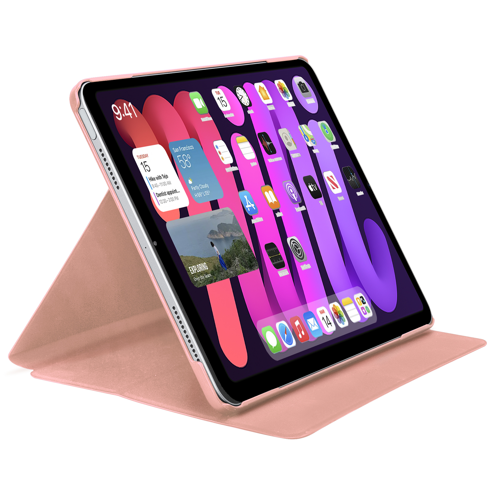 Ein rosa Tablet mit Ständer zeigt den Home-Bildschirm mit Widgets und Apps.