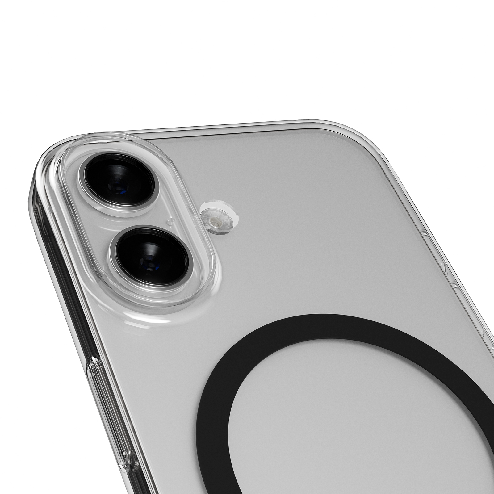 Klare Hülle mit doppelter Kamera und schwarzem Ring auf grauem Hintergrund.