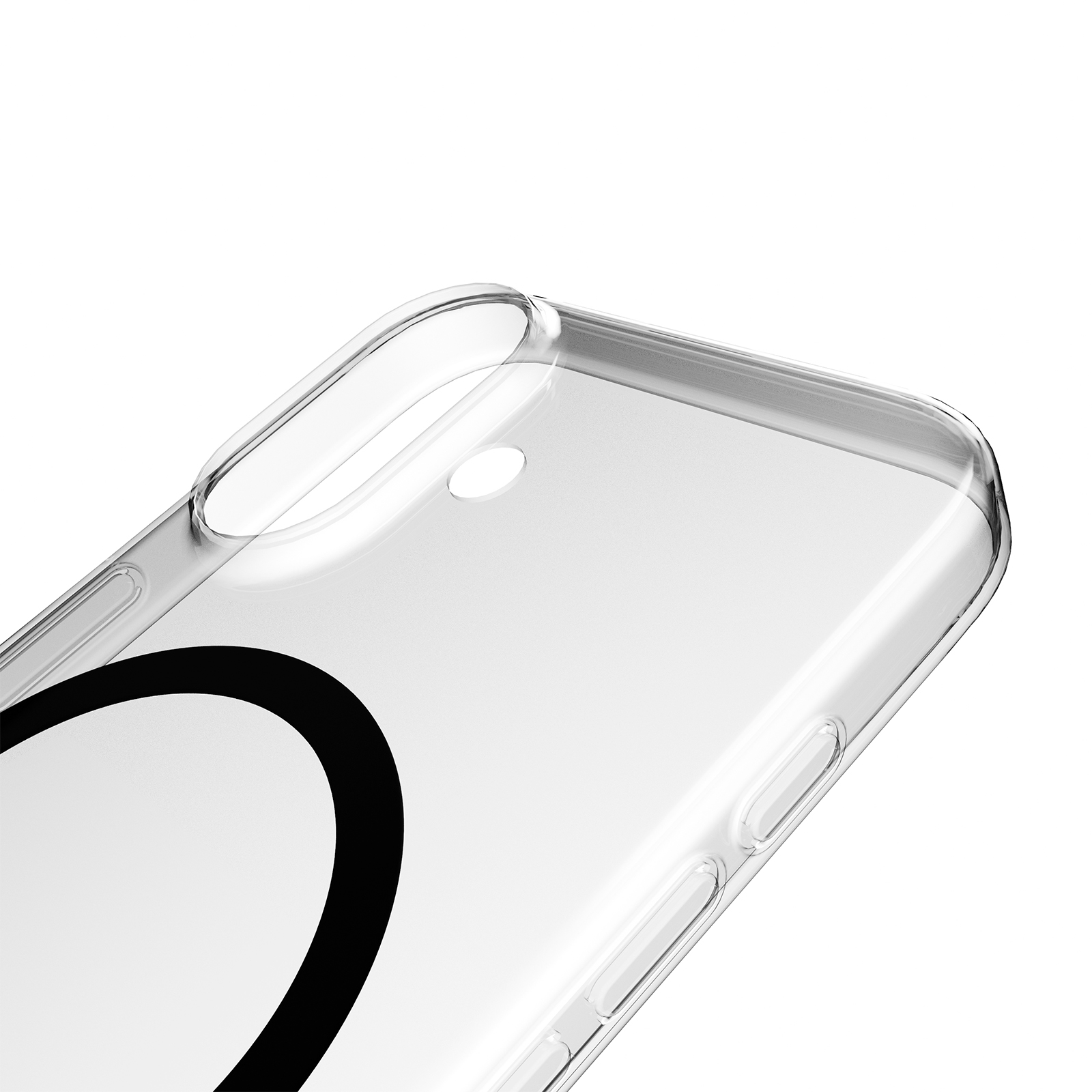 Transparente Handyhülle mit schwarzem Kreisdetail auf weißem Hintergrund.