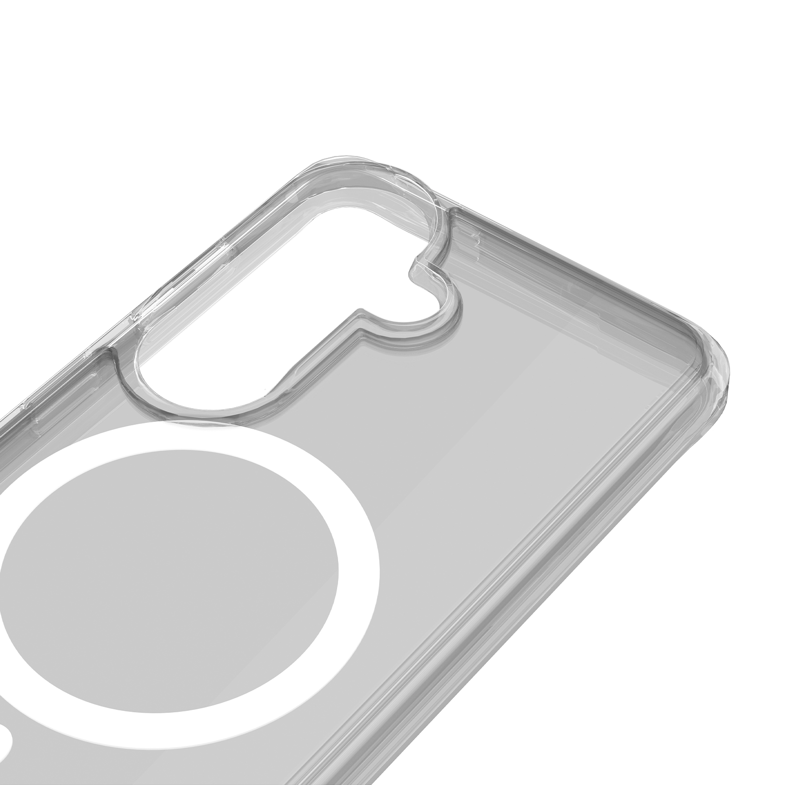 Custodia trasparente per telefono con ritaglio circolare MagSafe su sfondo bianco.