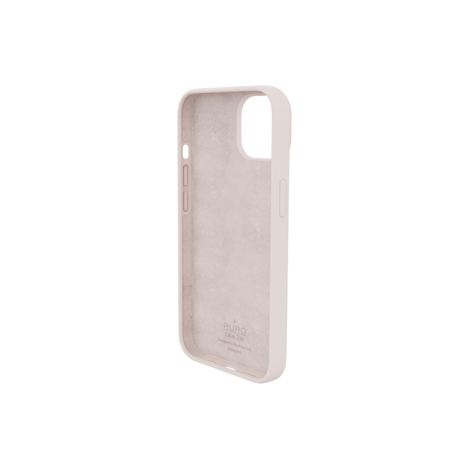 Una cover per telefono chiara e neutra con interno vellutato e logo.