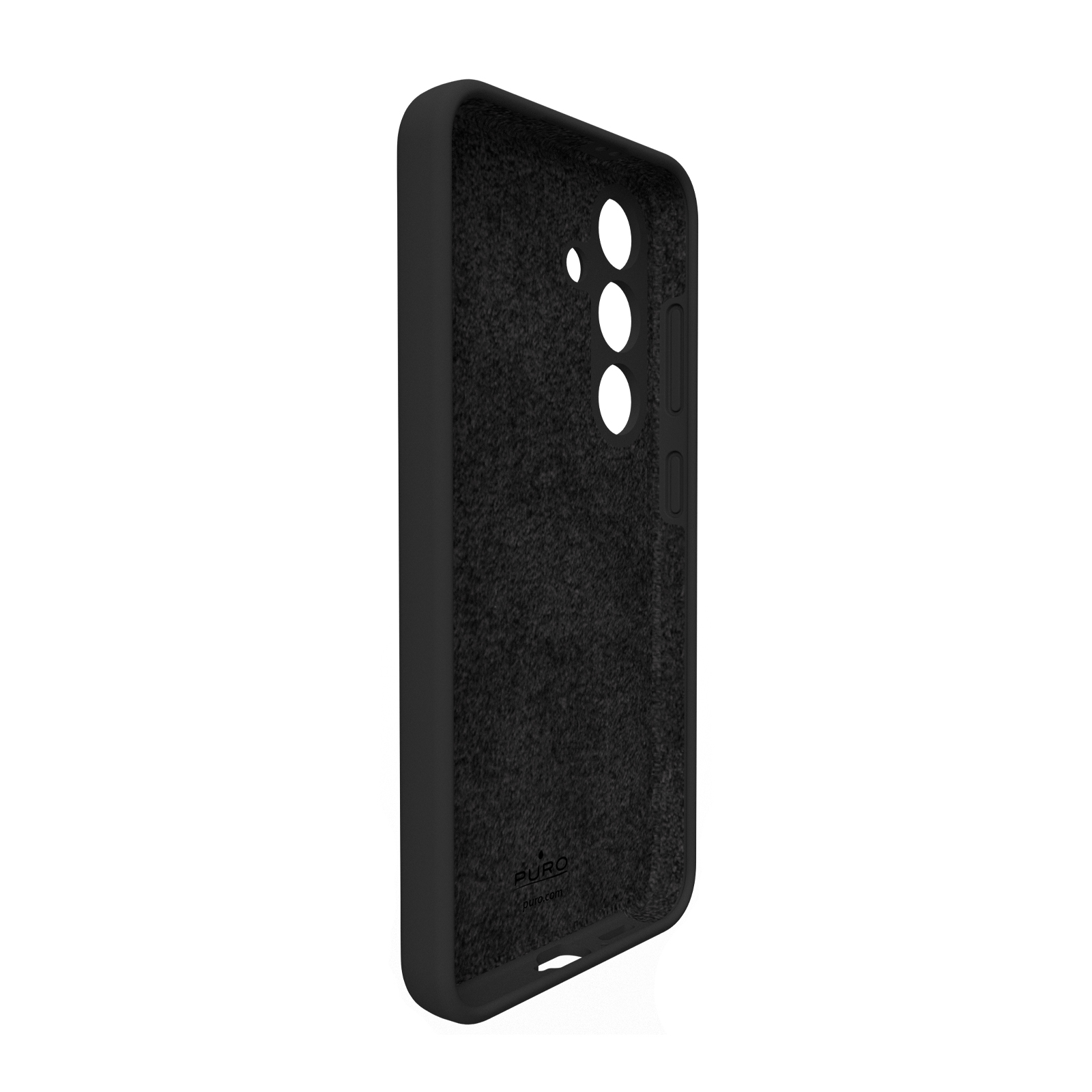 Custodia nera per telefono con interno vellutato e ritagli per fotocamera.