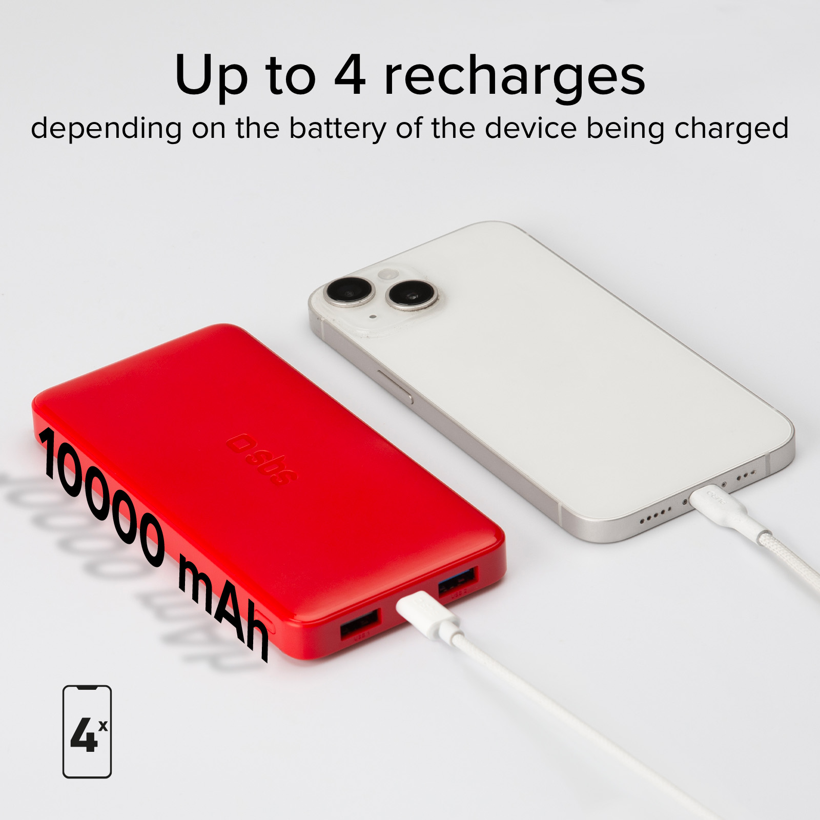 Power bank rossa da 10000 mAh carica smartphone bianco. Fino a 4 ricariche.