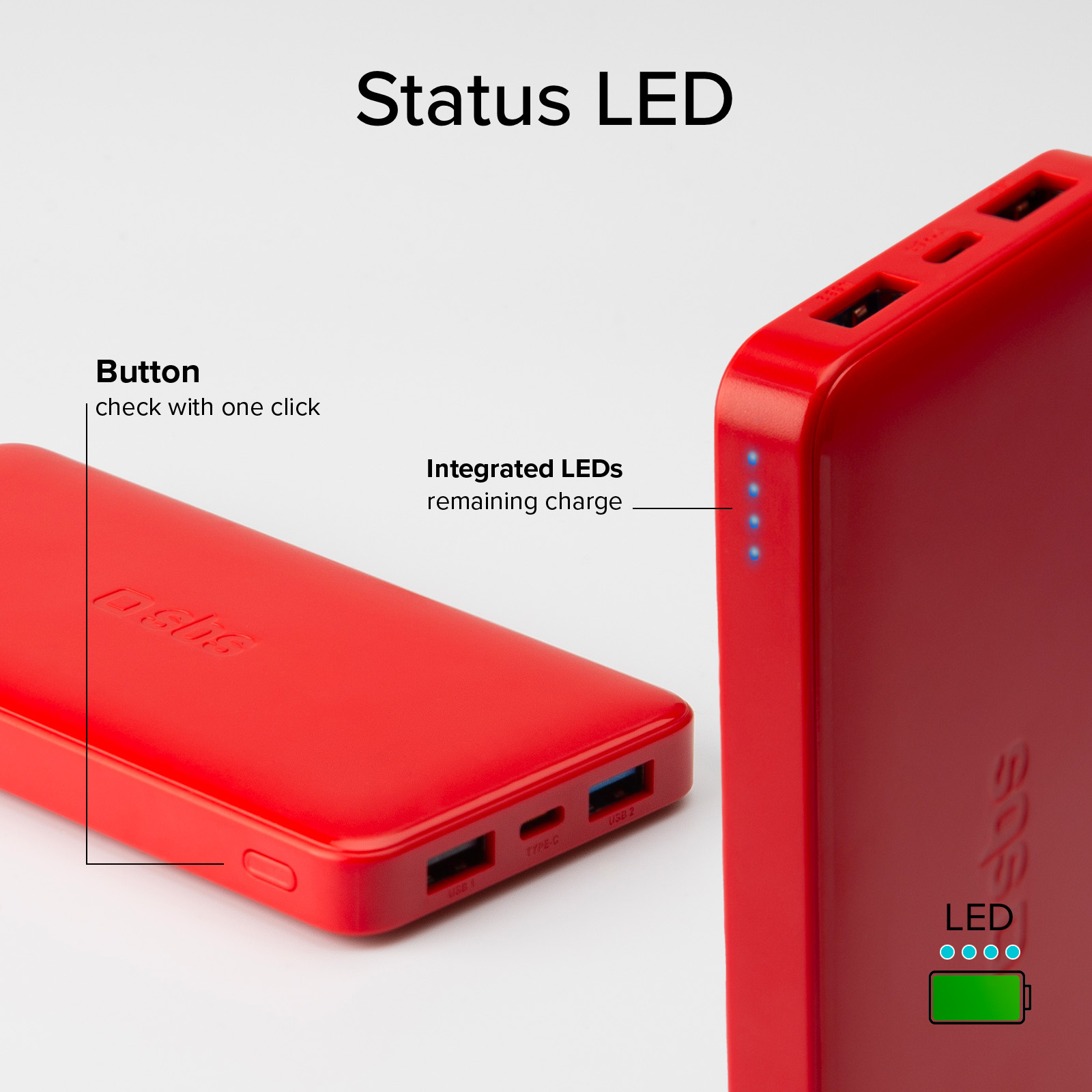 Power bank rosso con porte USB, Type-C e LED di stato della carica.