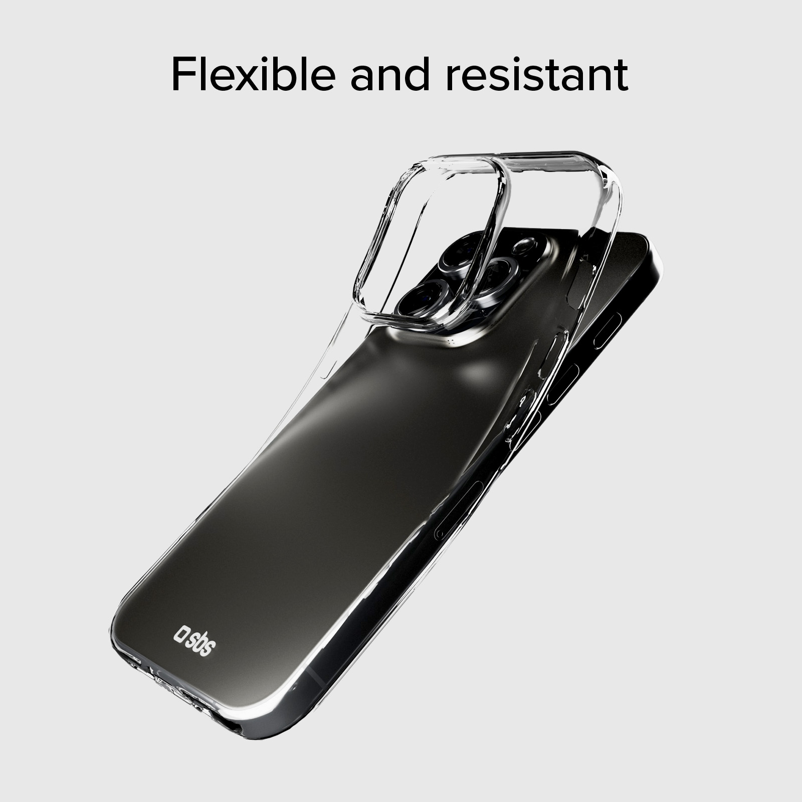 Una custodia trasparente su uno smartphone scuro con tre fotocamere.
