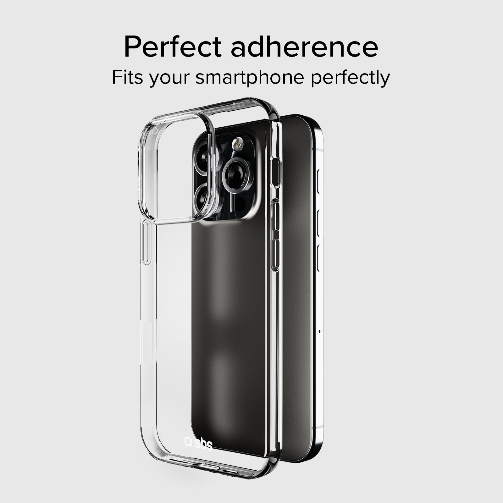 Custodia trasparente con smartphone, sfondo grigio.