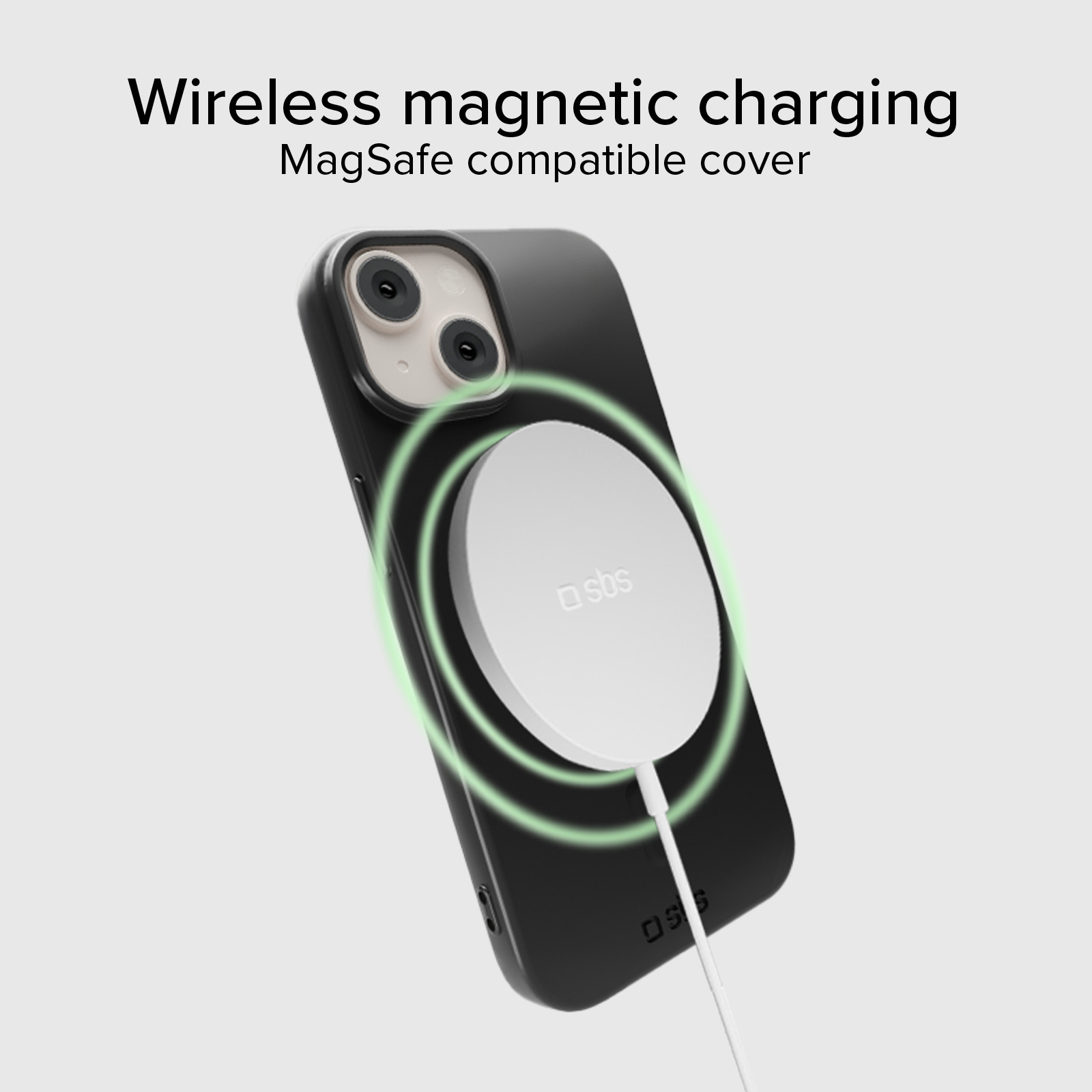 Cover nera per telefono con caricabatterie MagSafe e anello luminoso verde.
