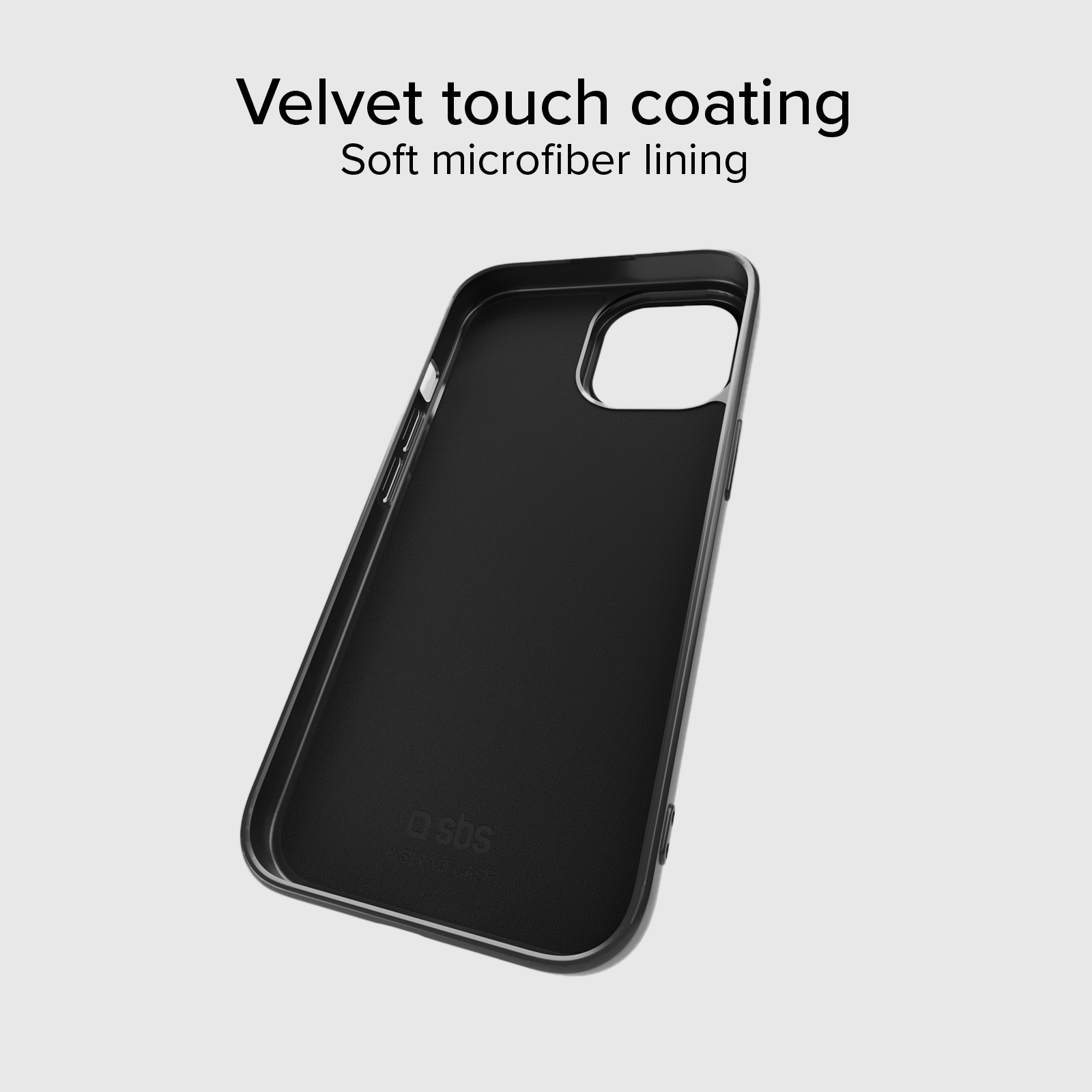 Custodia nera per telefono con rivestimento soft touch in velluto e fodera in microfibra.