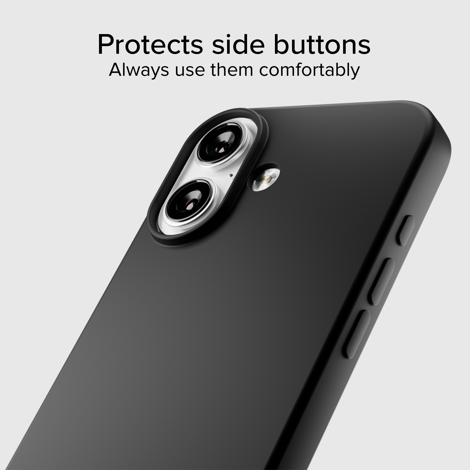 Czarne etui na telefon z dwoma obiektywami i przyciskami bocznymi.