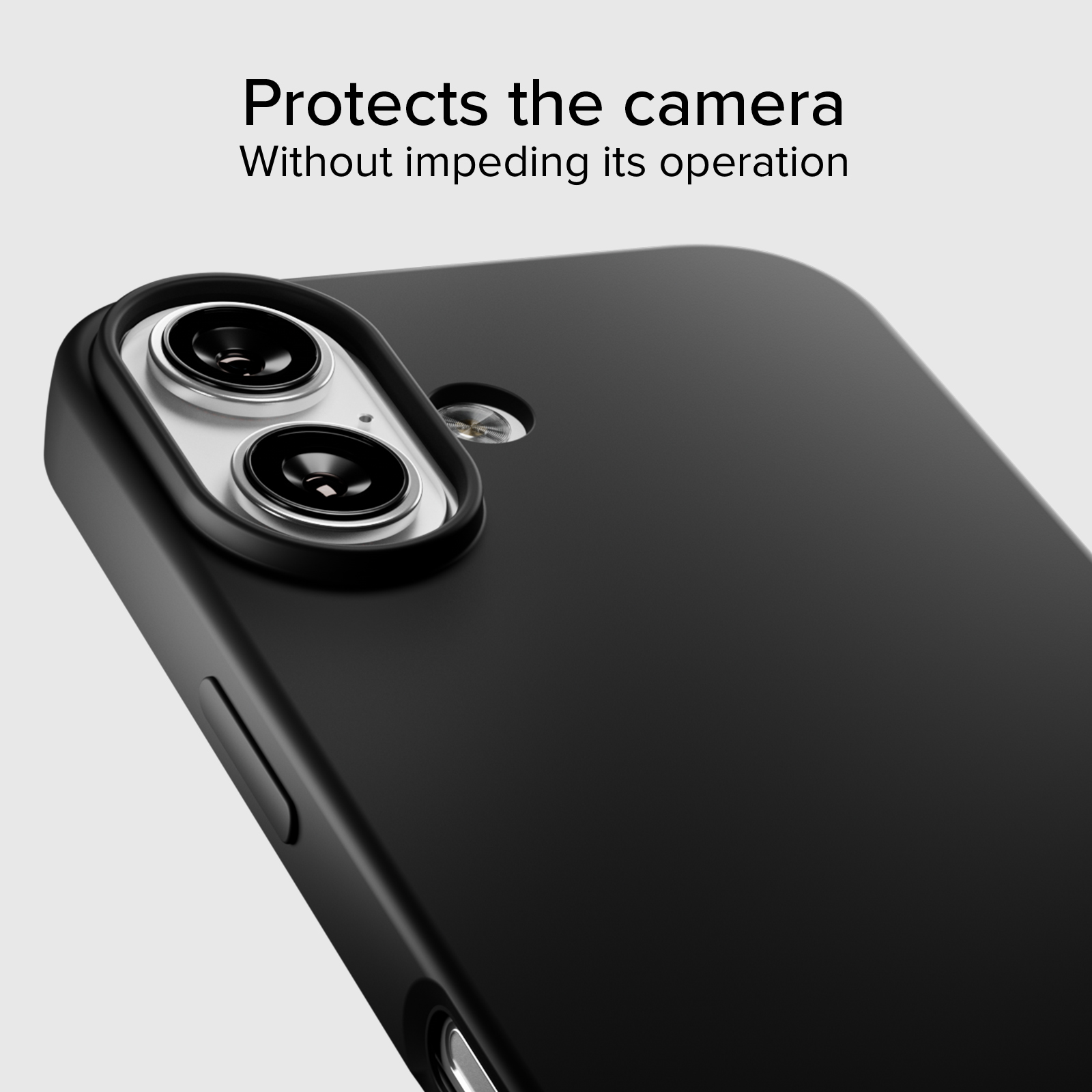 Czarne etui na telefon z wycięciem na aparat i przyciskami.