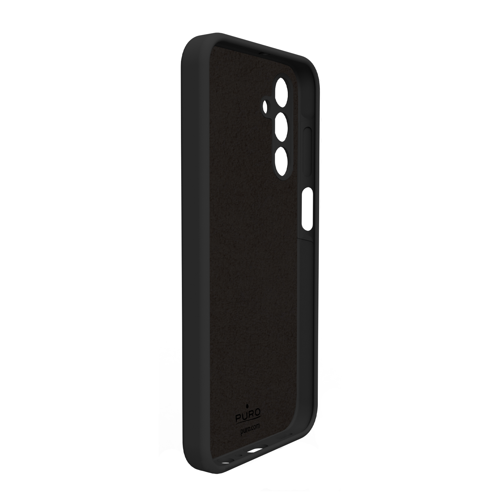 Custodia nera per telefono con ritagli per fotocamera e pulsanti.