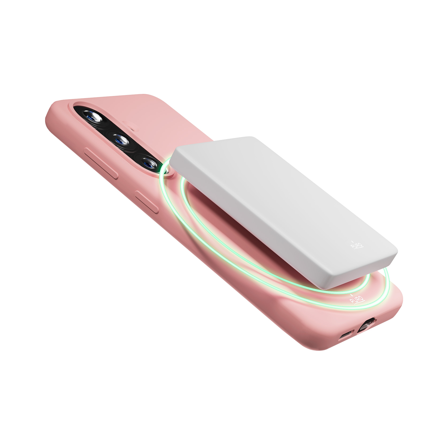 Uno smartphone rosa con un power bank bianco in carica wireless.