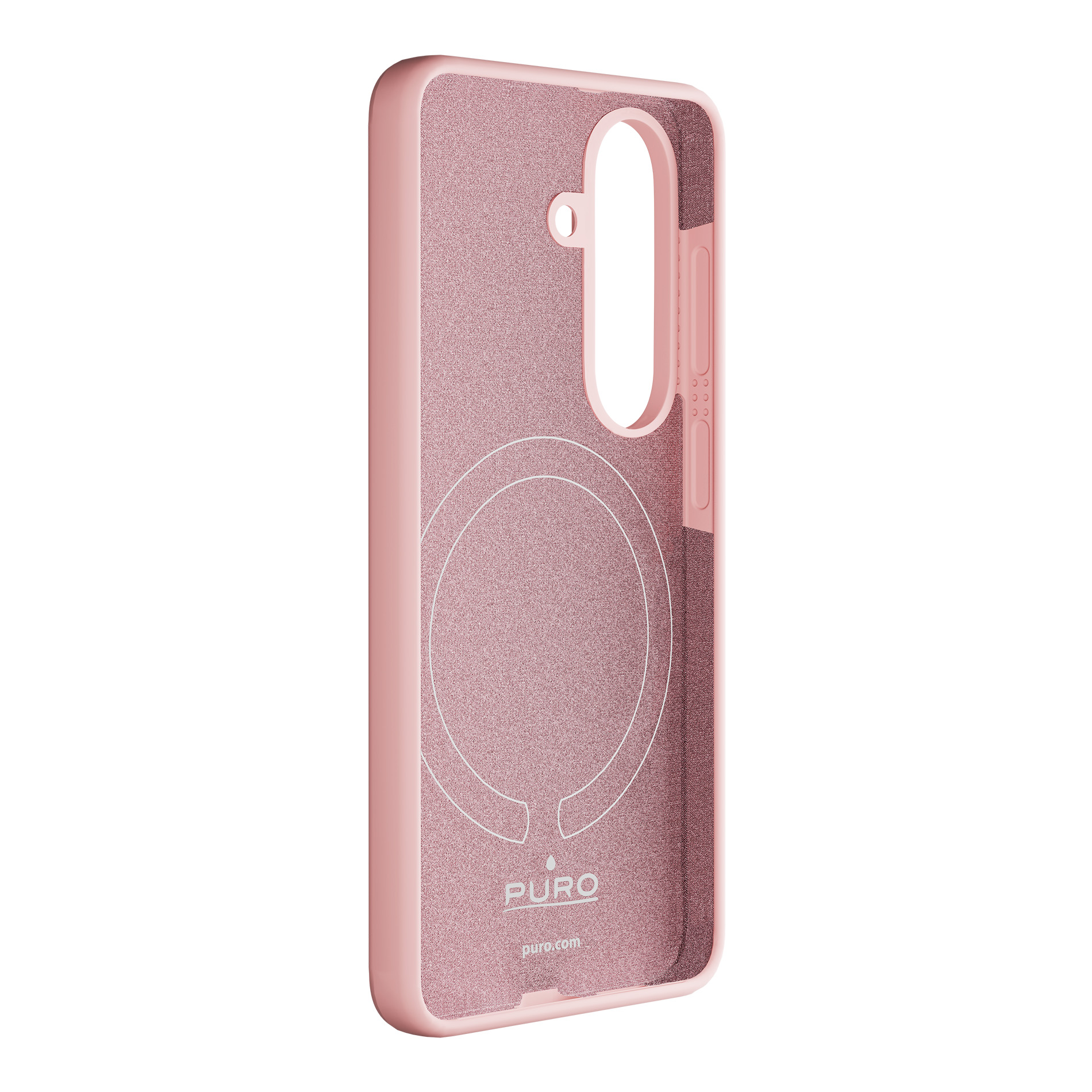 Una cover per telefono rosa con texture glitter e ritaglio fotocamera.