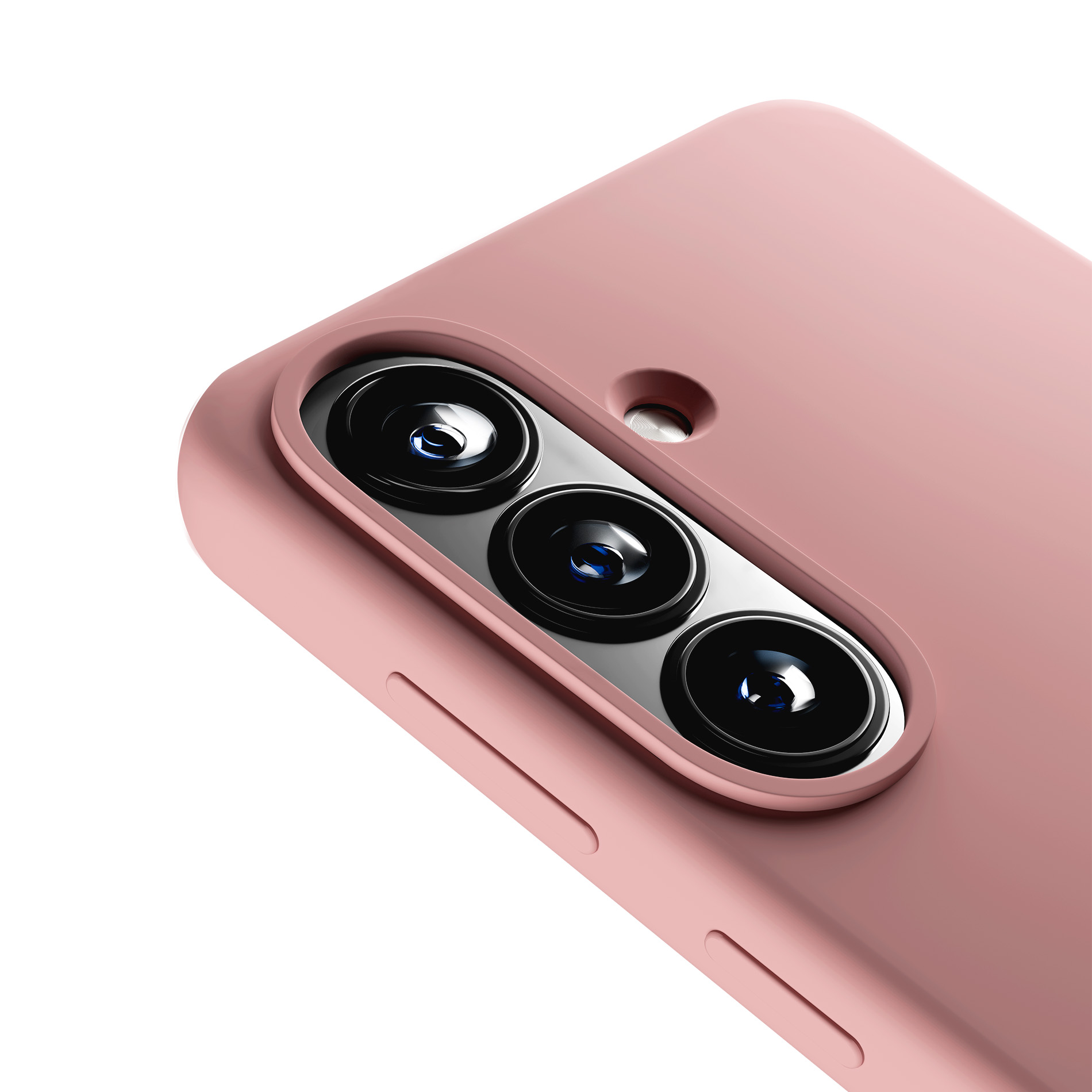 Primo piano di una custodia per telefono rosa con obiettivo tripla fotocamera e flash.