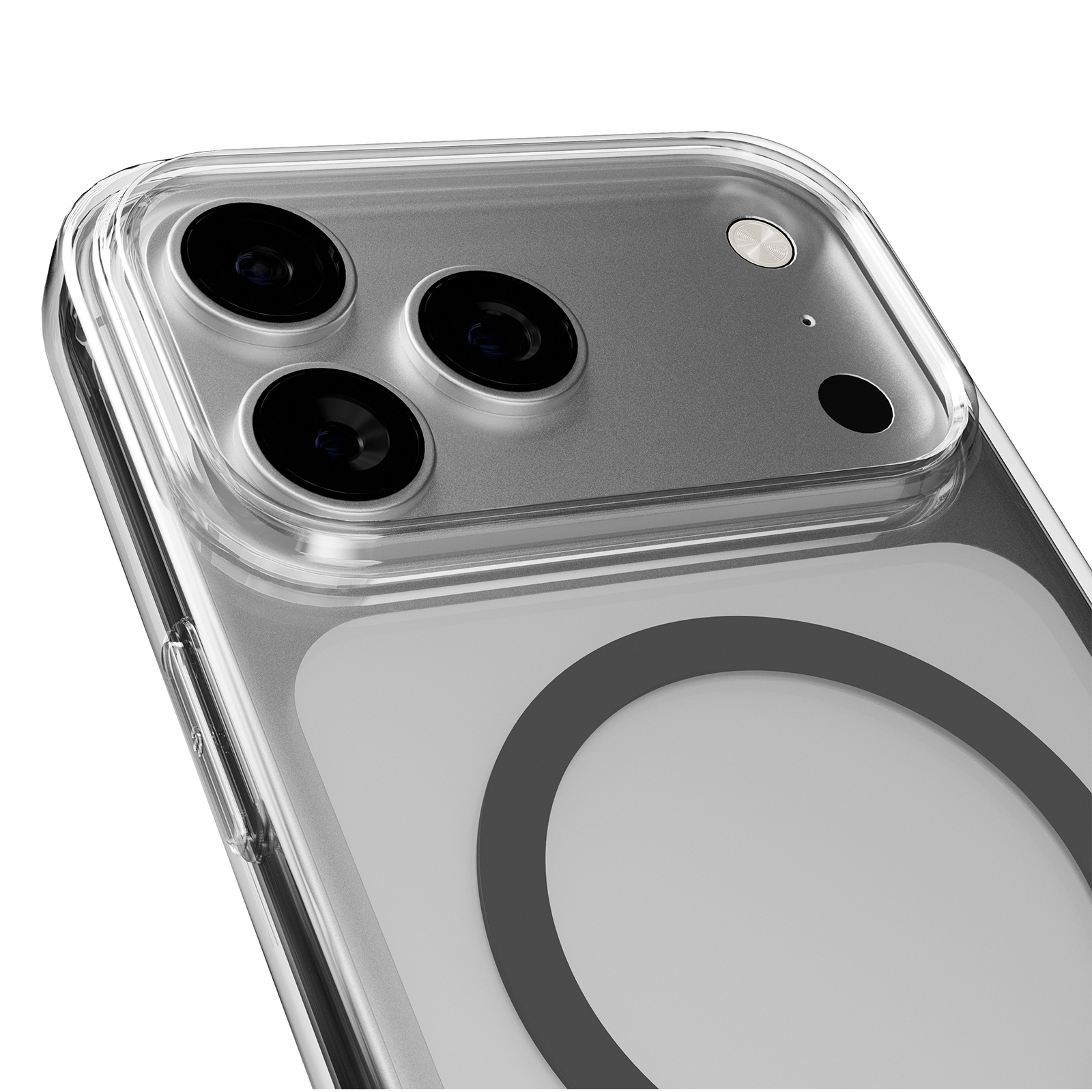 Primo piano di una cover trasparente per telefono con tre obiettivi e flash.