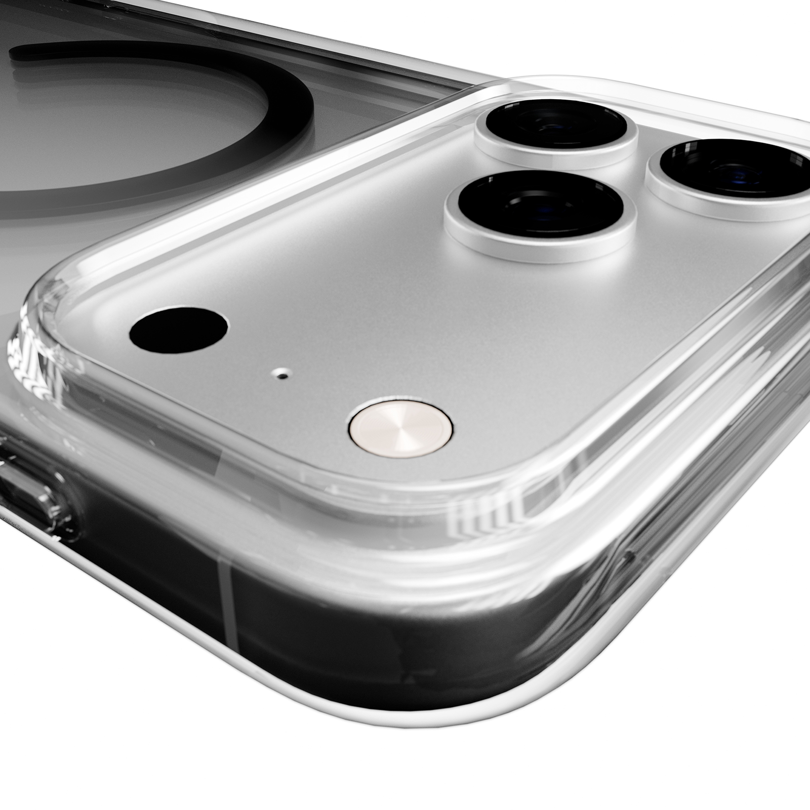 Primo piano di una cover trasparente per telefono che rivela tre obiettivi e un magnete.