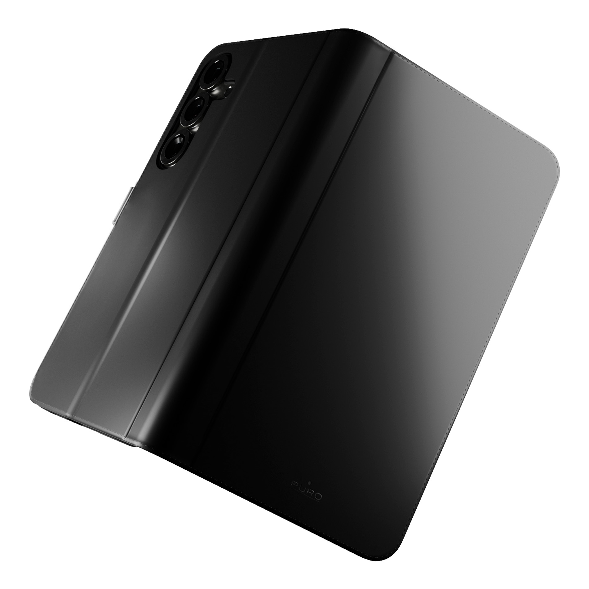 Smartphone nero con tre fotocamere e flip cover aperta su sfondo bianco.