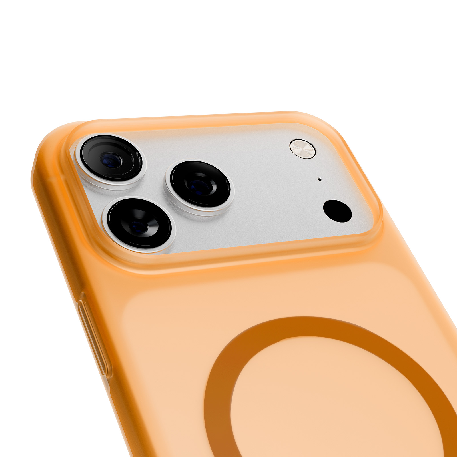 Custodia arancione con tre obiettivi e flash su sfondo bianco.