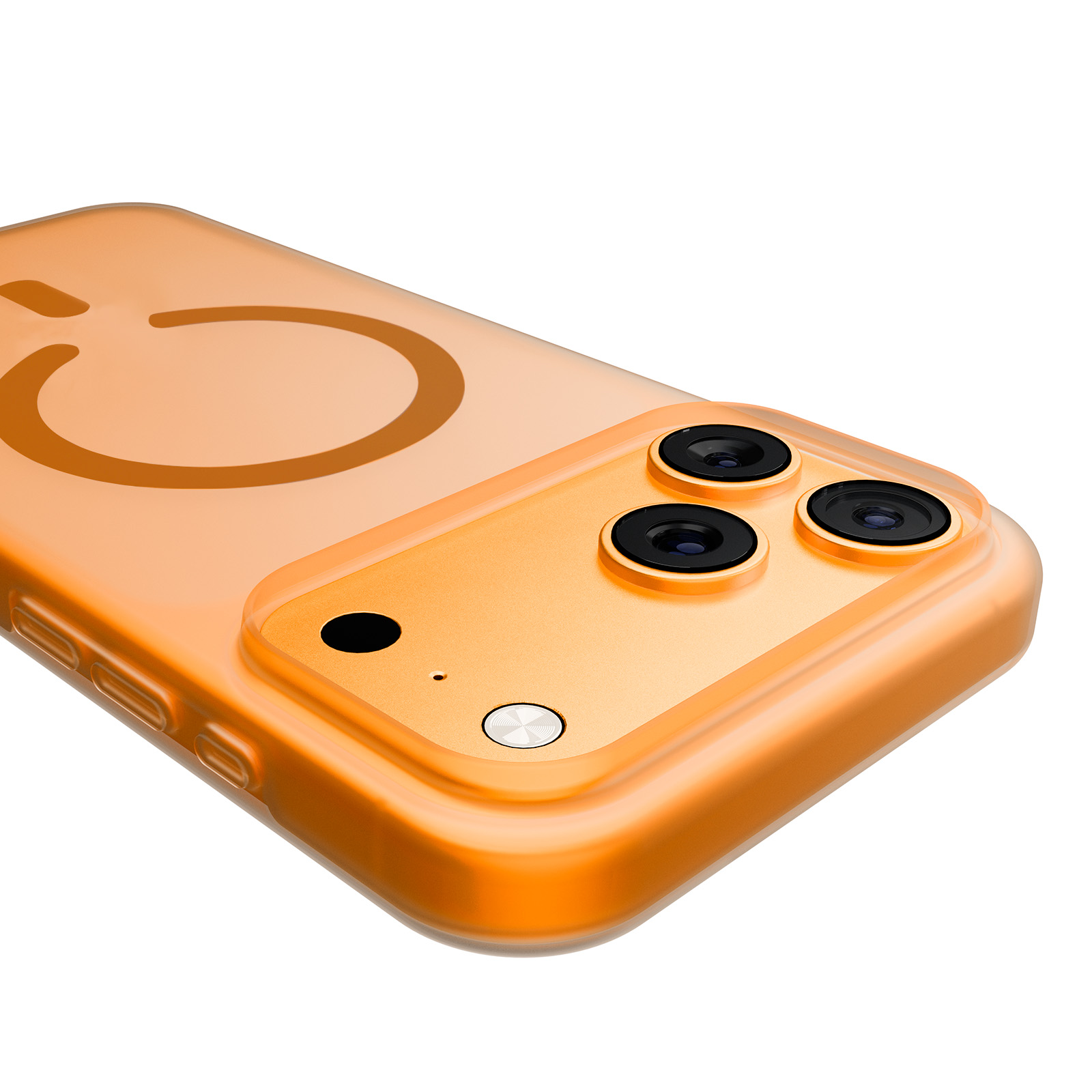 Custodia per telefono arancione con tre fotocamere e simbolo di accensione.