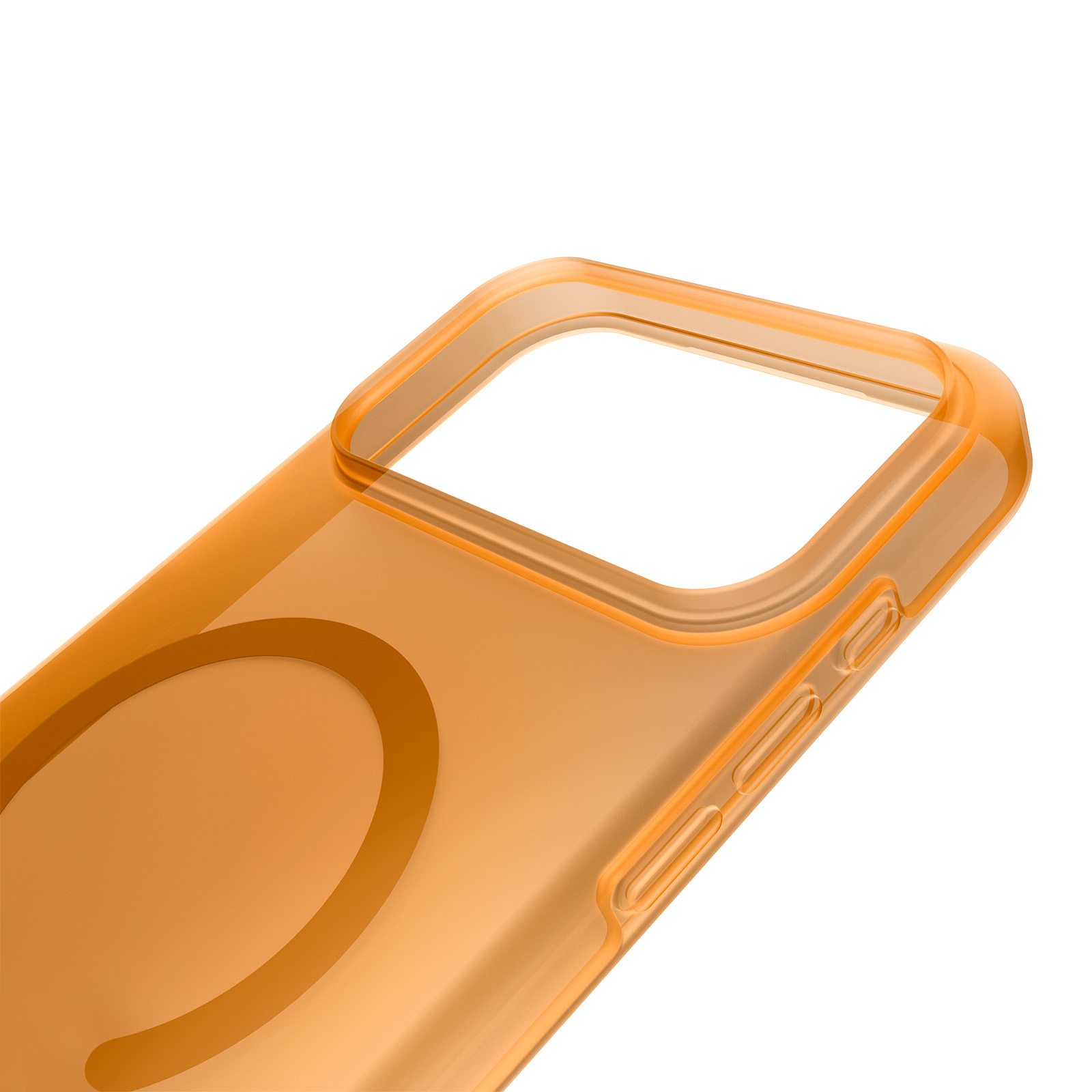 Custodia arancione per telefono con ritaglio per fotocamera e pulsanti.