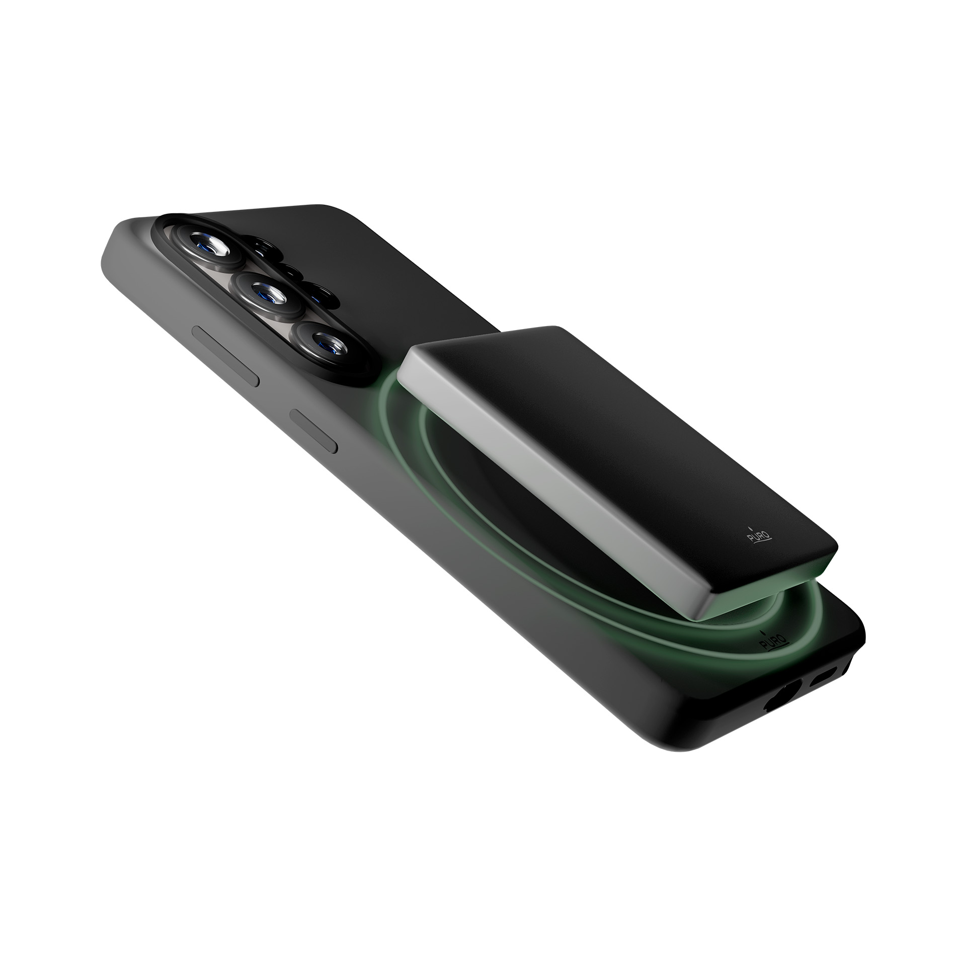 Smartphone nero con tre fotocamere e un power bank nero attaccato.