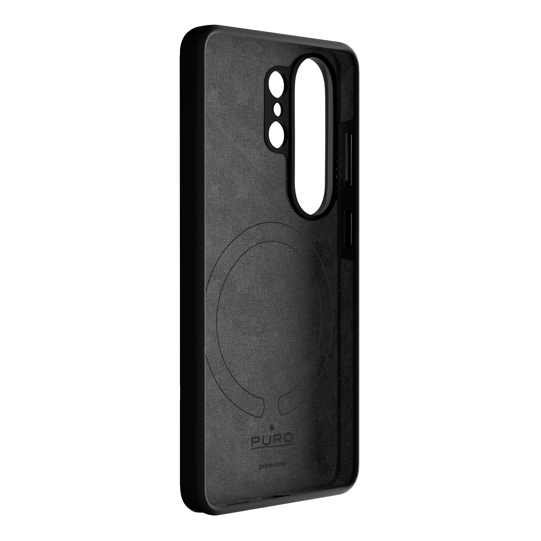 Custodia nera per telefono con ritagli per fotocamera e porta di ricarica.