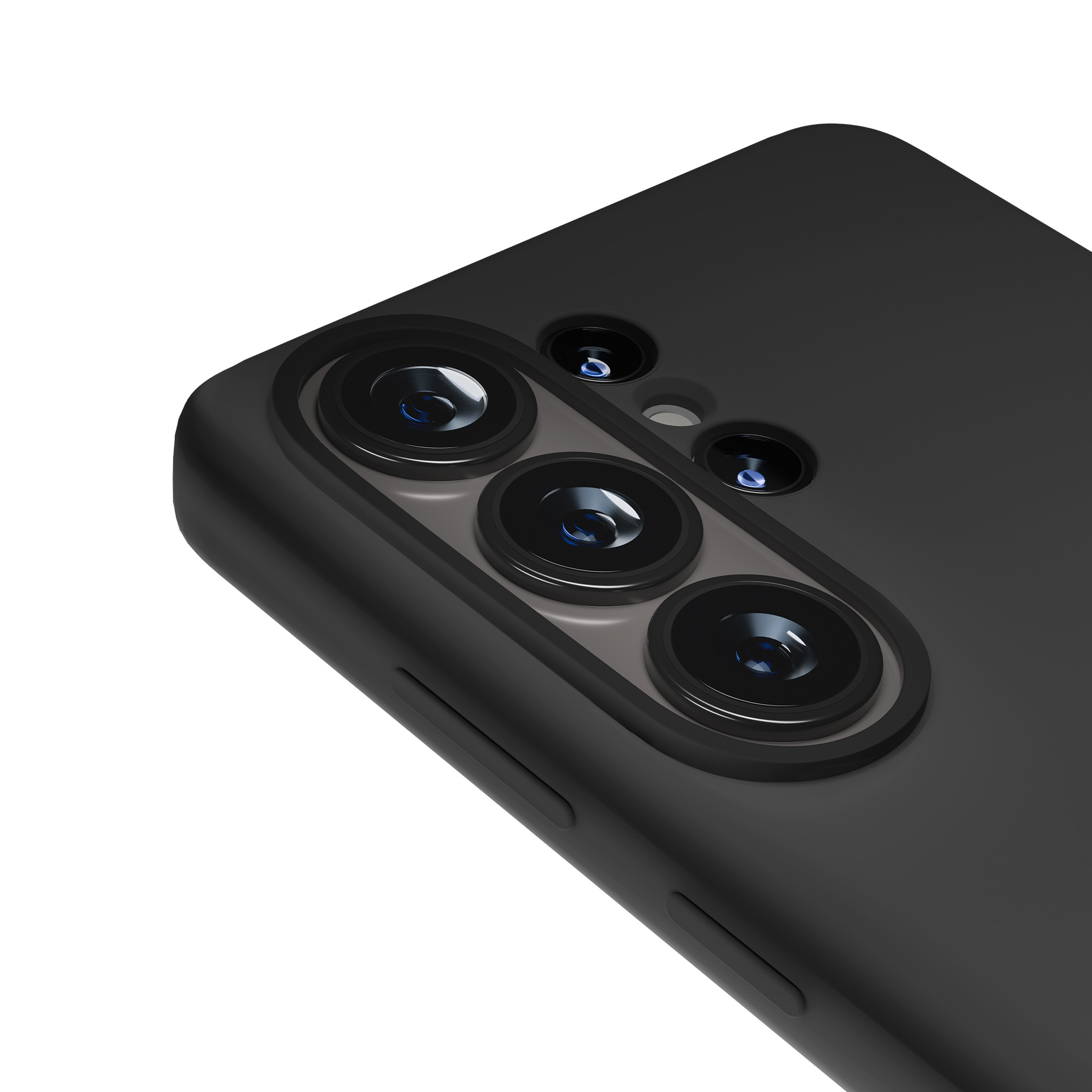 Primo piano del retro di uno smartphone nero con tre obiettivi e un flash.