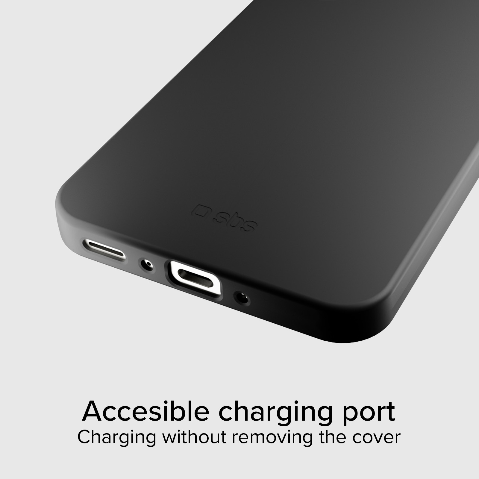Smartphone nero con porta di ricarica e aperture per altoparlanti.