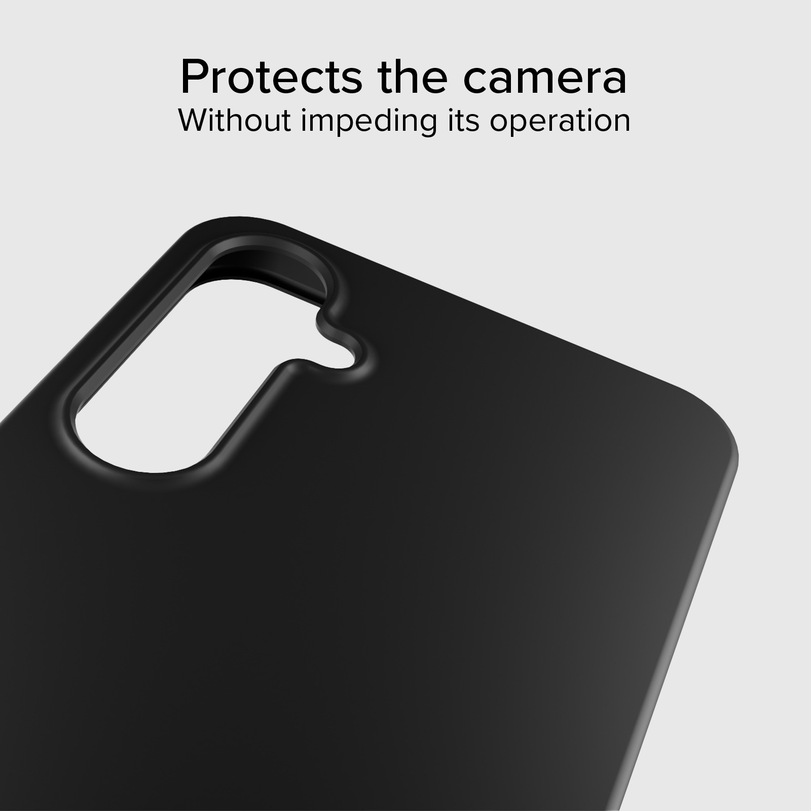 Custodia nera per telefono con ritaglio preciso per fotocamera su sfondo grigio.