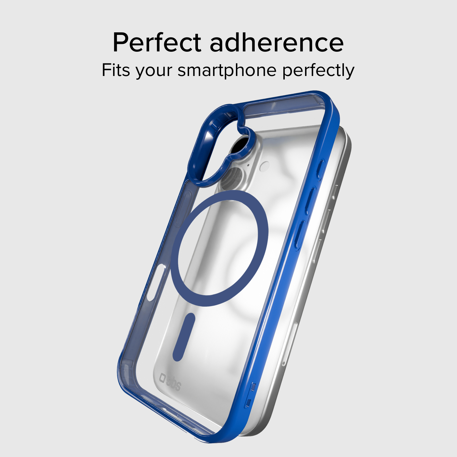 Una custodia trasparente per telefono con bordo blu e anello magnetico.
