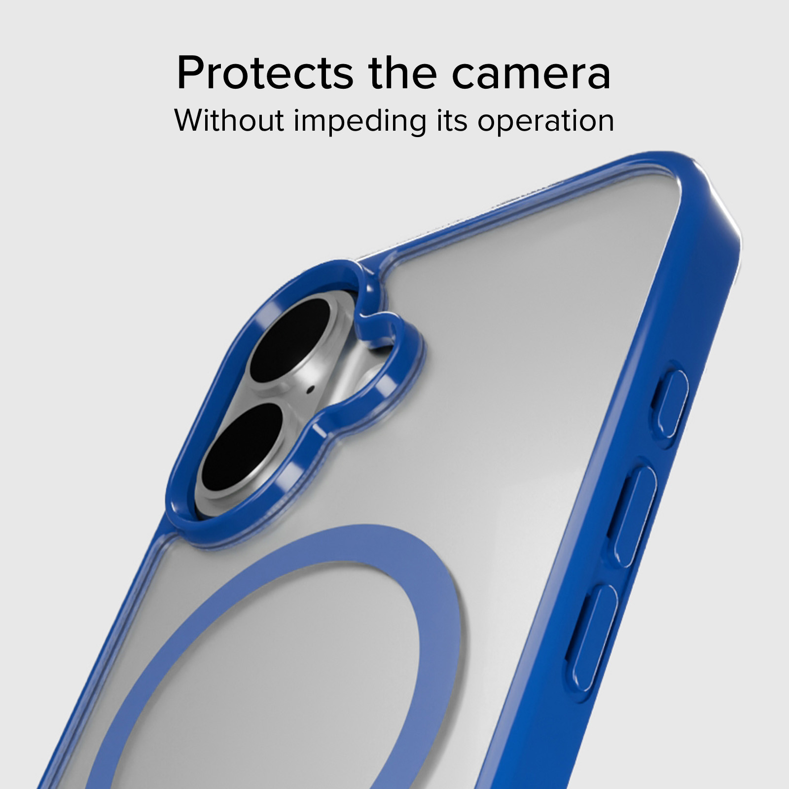 Dettaglio cover blu per telefono con protezione fotocamera e pulsanti.