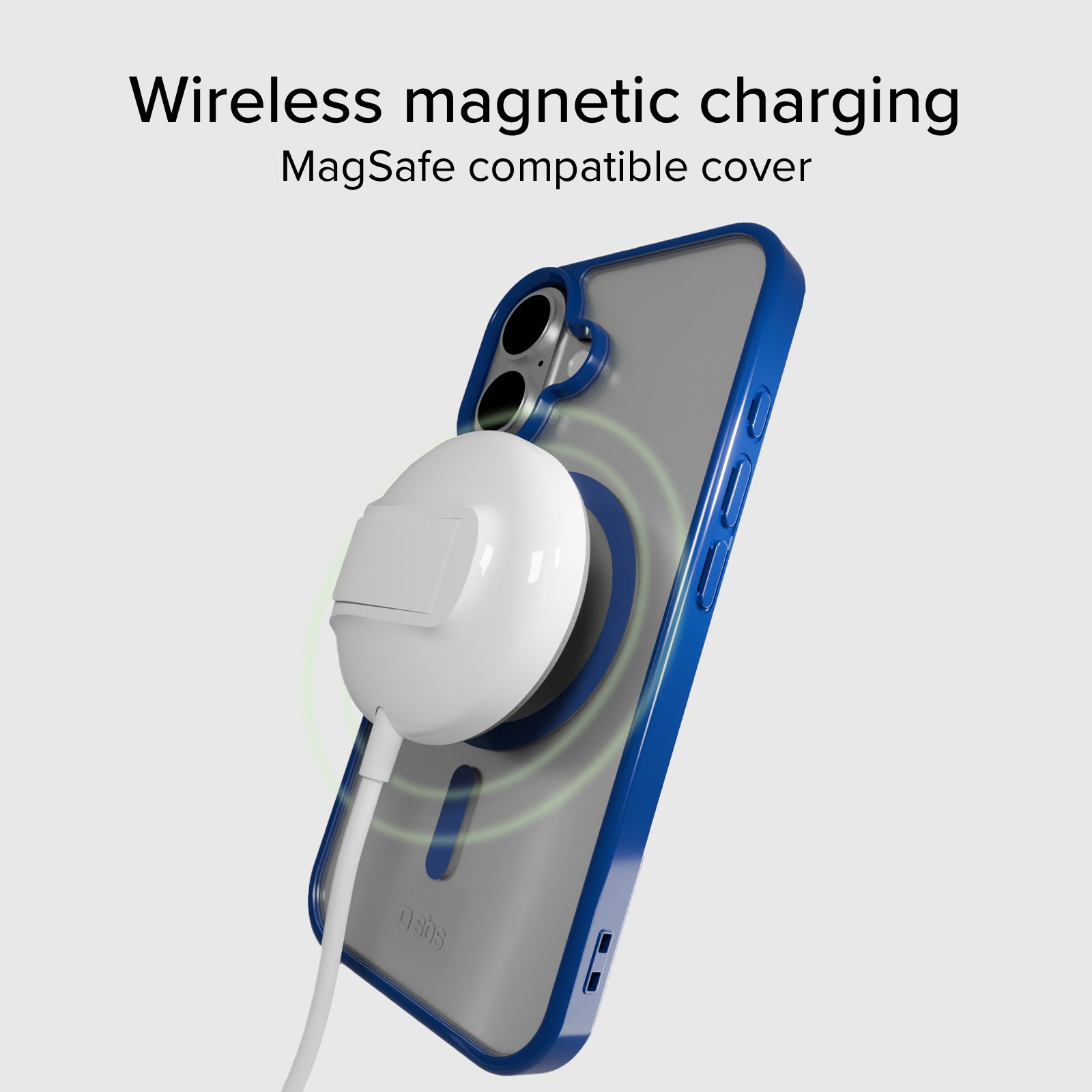 Una custodia blu per iPhone con caricabatterie MagSafe per la ricarica wireless.