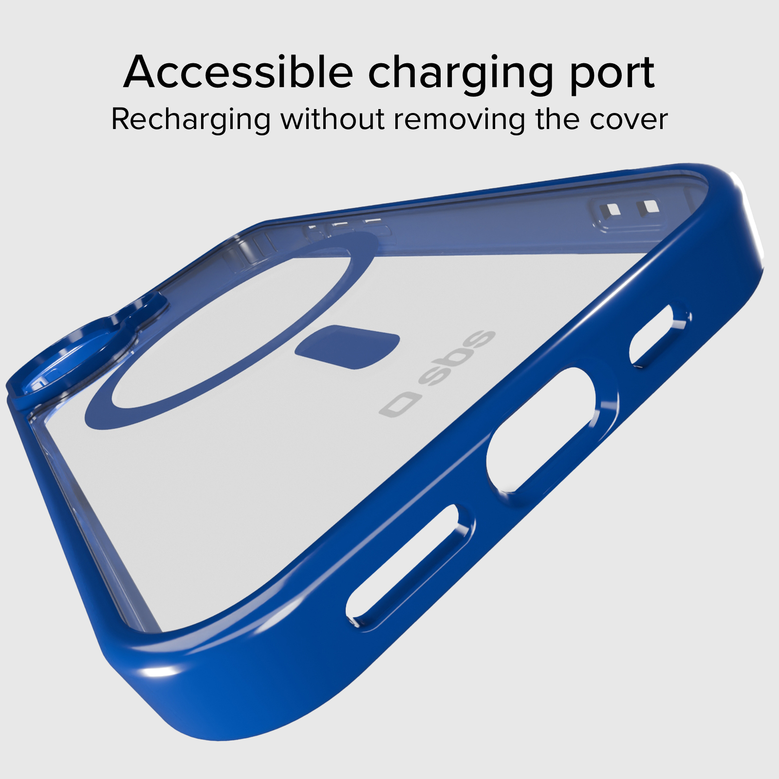 Custodia blu per telefono con retro trasparente e accesso alla porta di ricarica.