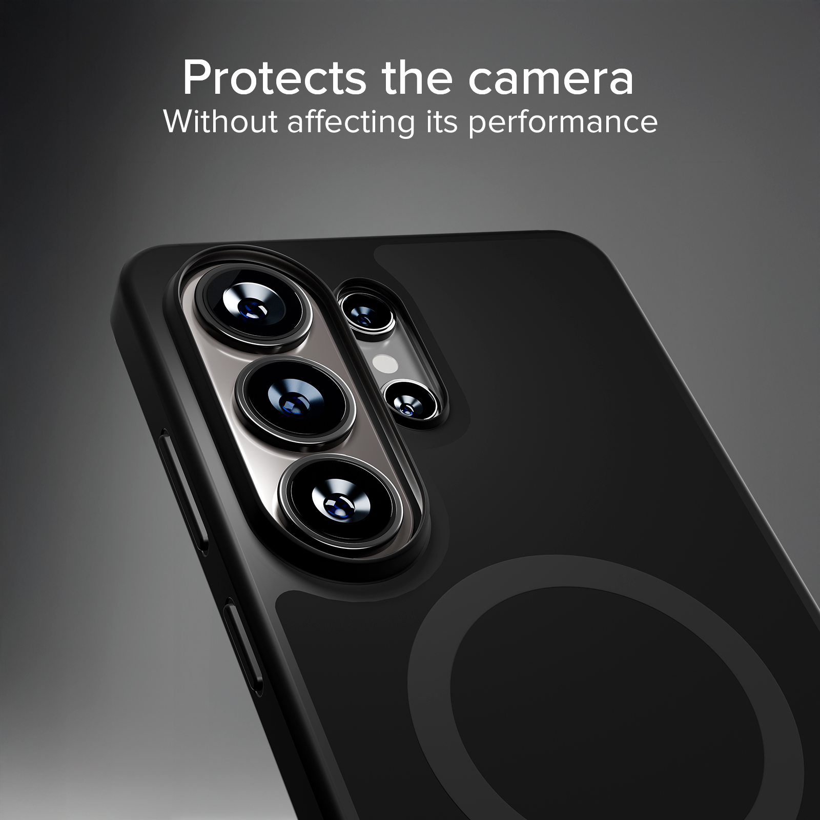Primer plano de una funda de teléfono negra con lentes de cámara y texto.