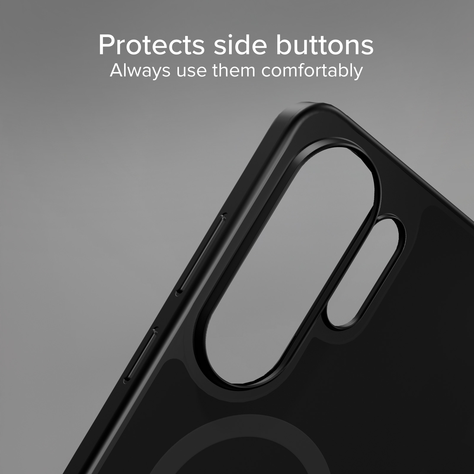 Funda de teléfono negra con recortes para botones y cámara sobre fondo gris.