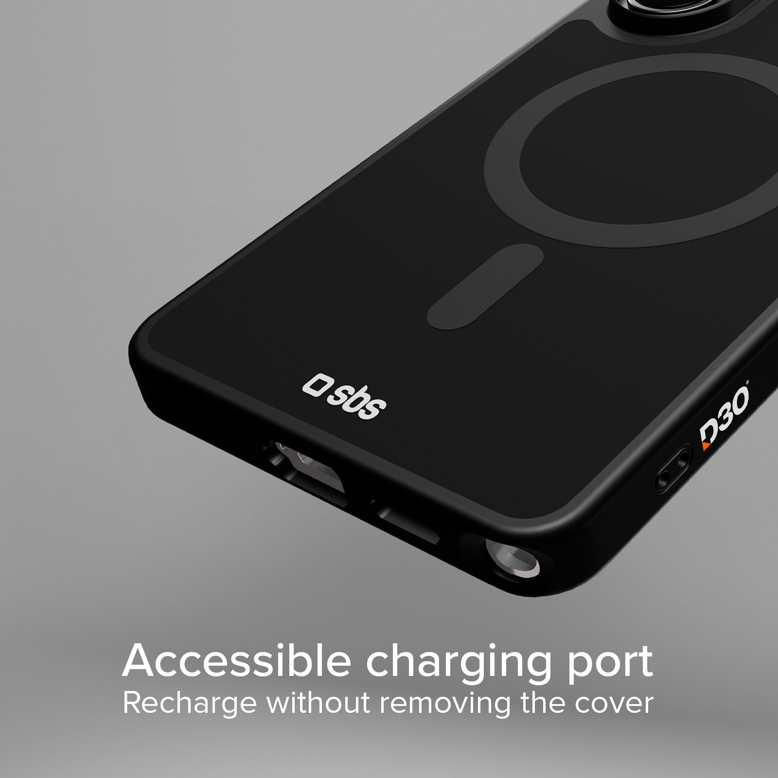 Funda negra para teléfono con círculo de carga magnético y logo SBS/D3O. Puerto de carga visible.