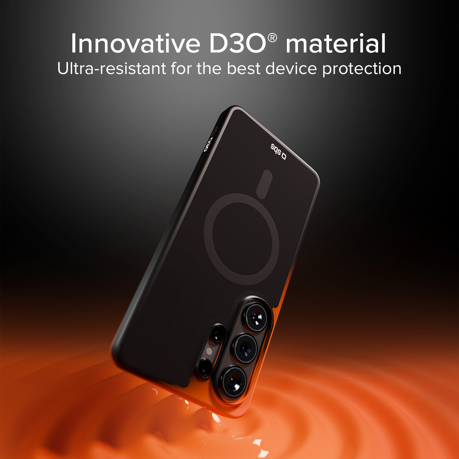 Funda de teléfono negra con cámaras, sobre una superficie líquida naranja.