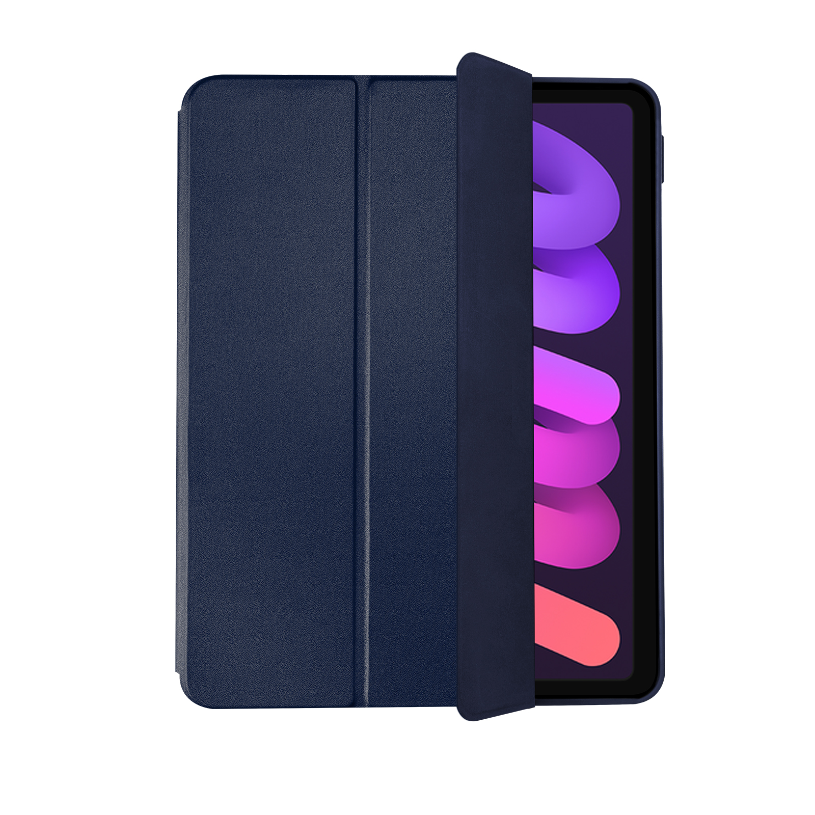 Dunkelblaues Tablet mit geöffneter Hülle, lila und rosa Hintergrund.